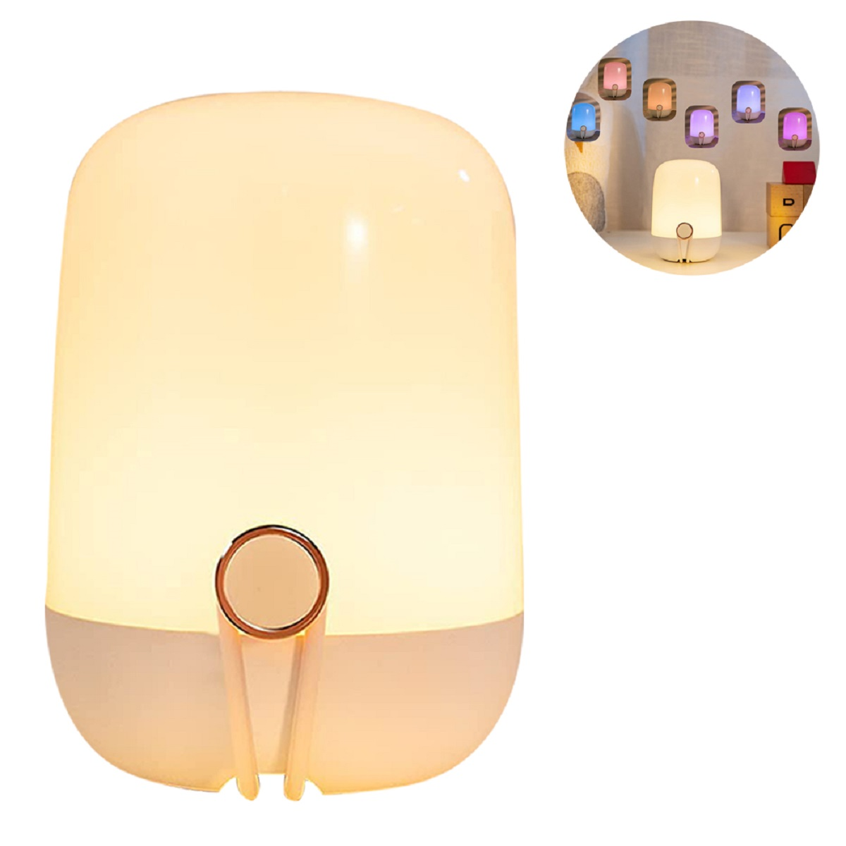 Weiß-beige Nachttischlampe. Kleineres Bild einer Lampe mit farbigen Lichtern.