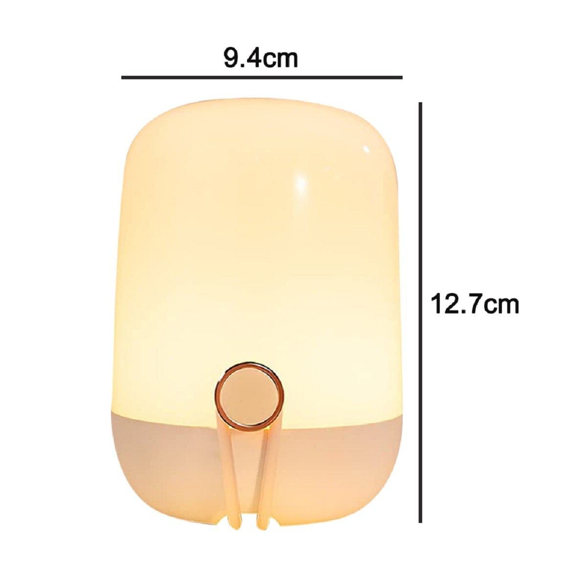 Eine weiße Lampe mit abgerundeter Oberseite. Die Maße sind ebenfalls sichtbar.