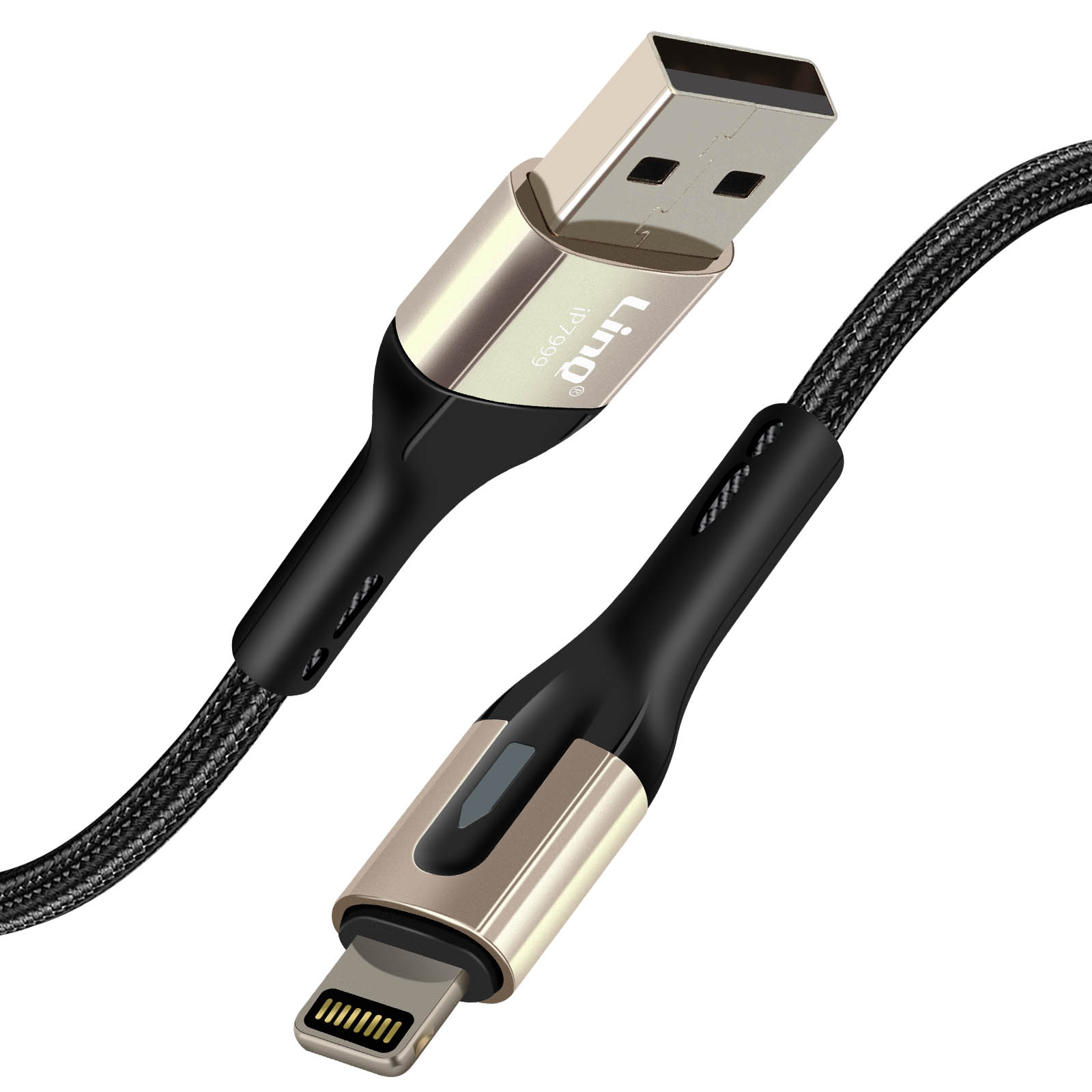 Un câble USB vers Lightning avec des connecteurs dorés et un câble tressé noir.
