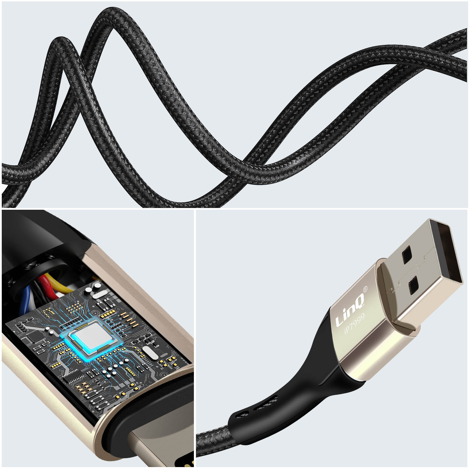 Gros plan sur câble USB noir avec connecteur USB-A doré et vue du circuit interne.