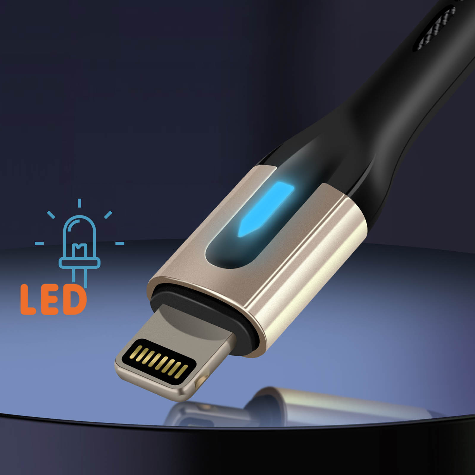 Gros plan d'un câble de charge avec un connecteur Lightning. Il a une lumière LED bleue.