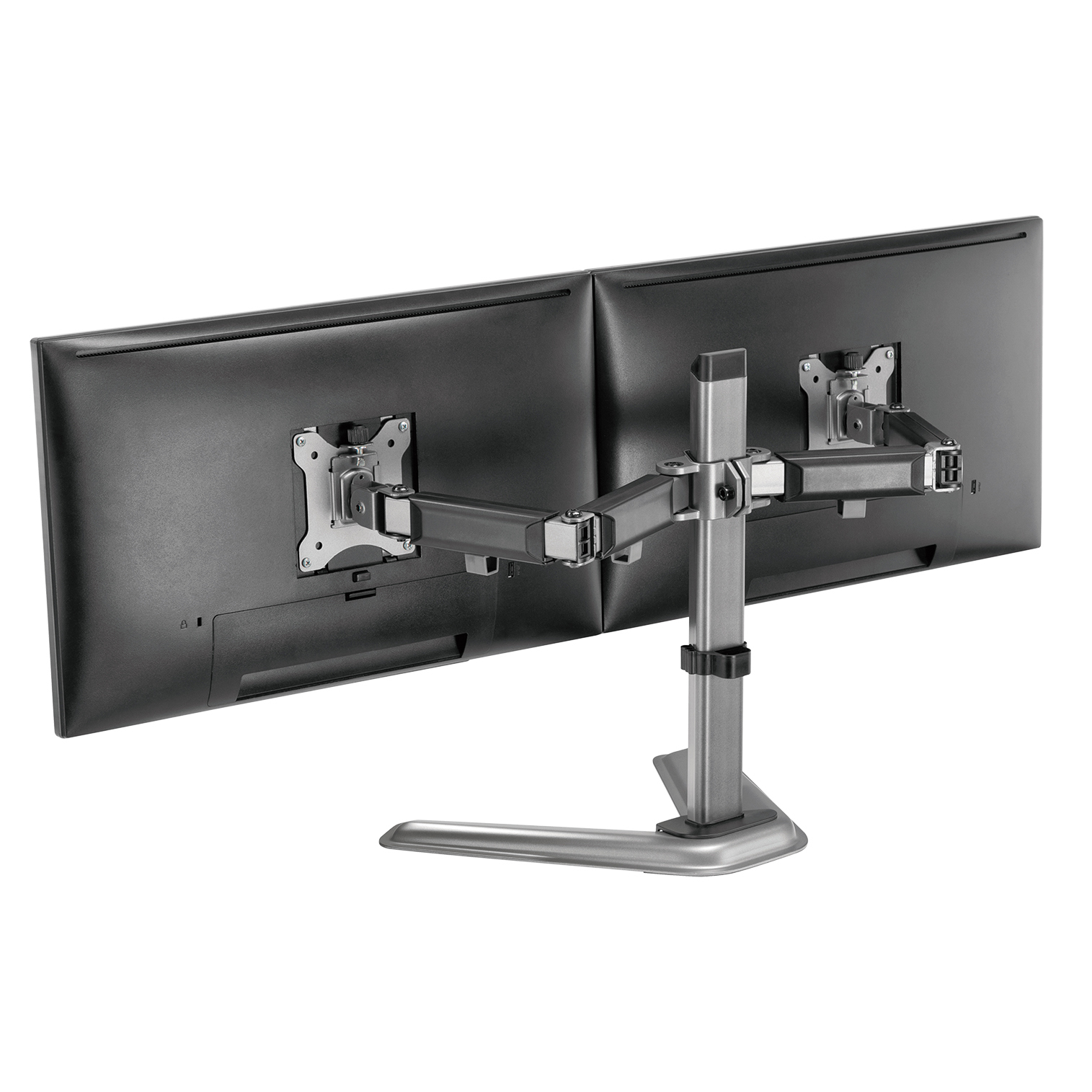 Doppelmonitor-Setup mit Ständer. Rückansicht. Silber und Schwarz. Weißer Hintergrund.