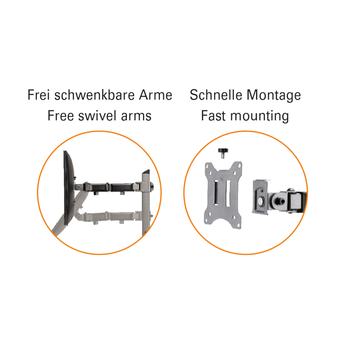 Diagramme, die frei schwenkbare Arme und schnelle Montage zeigen. Links: Komponenten und Montage.