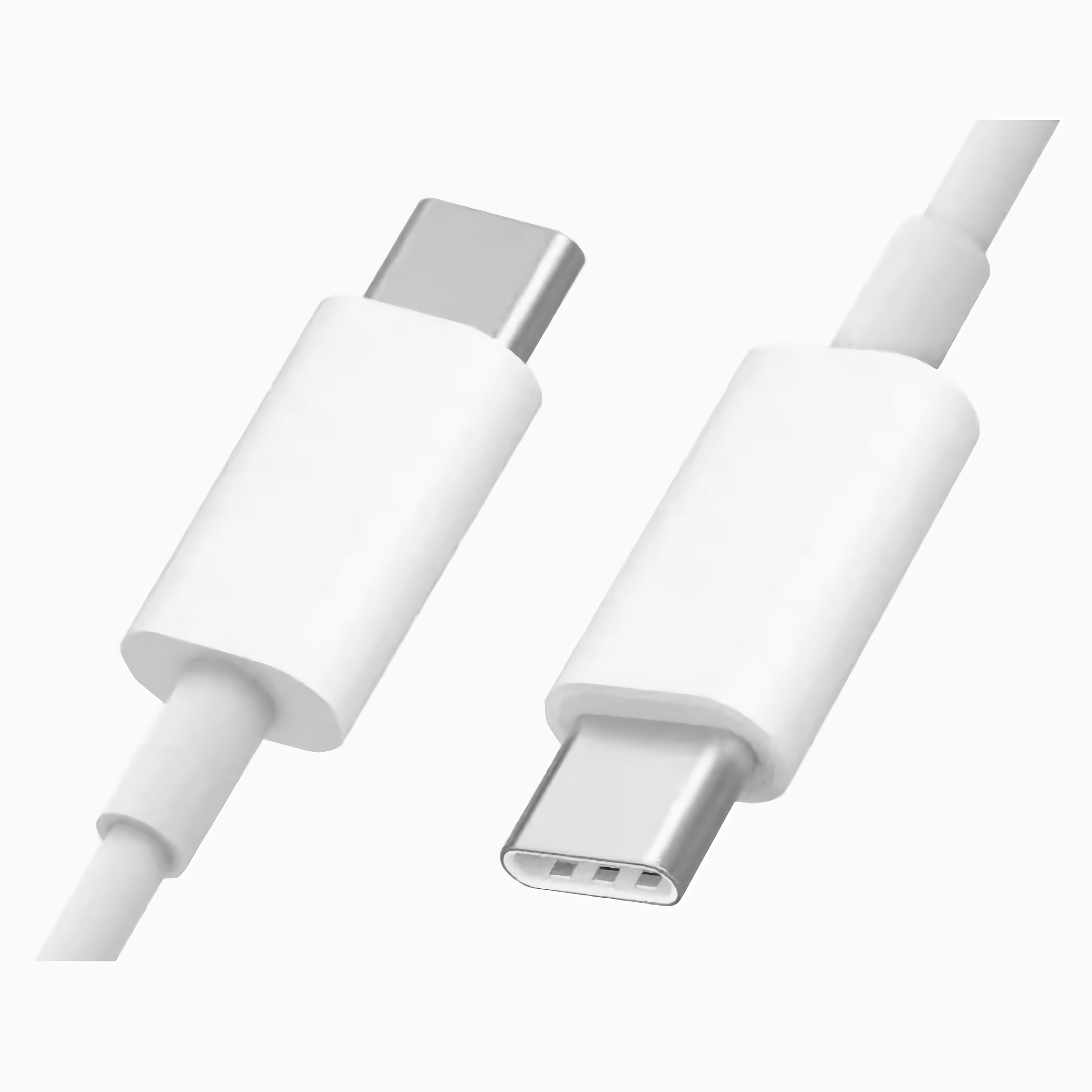 Zwei weiße USB-C-Kabel mit Steckern an jedem Ende. Der Hintergrund ist einfarbig weiß.