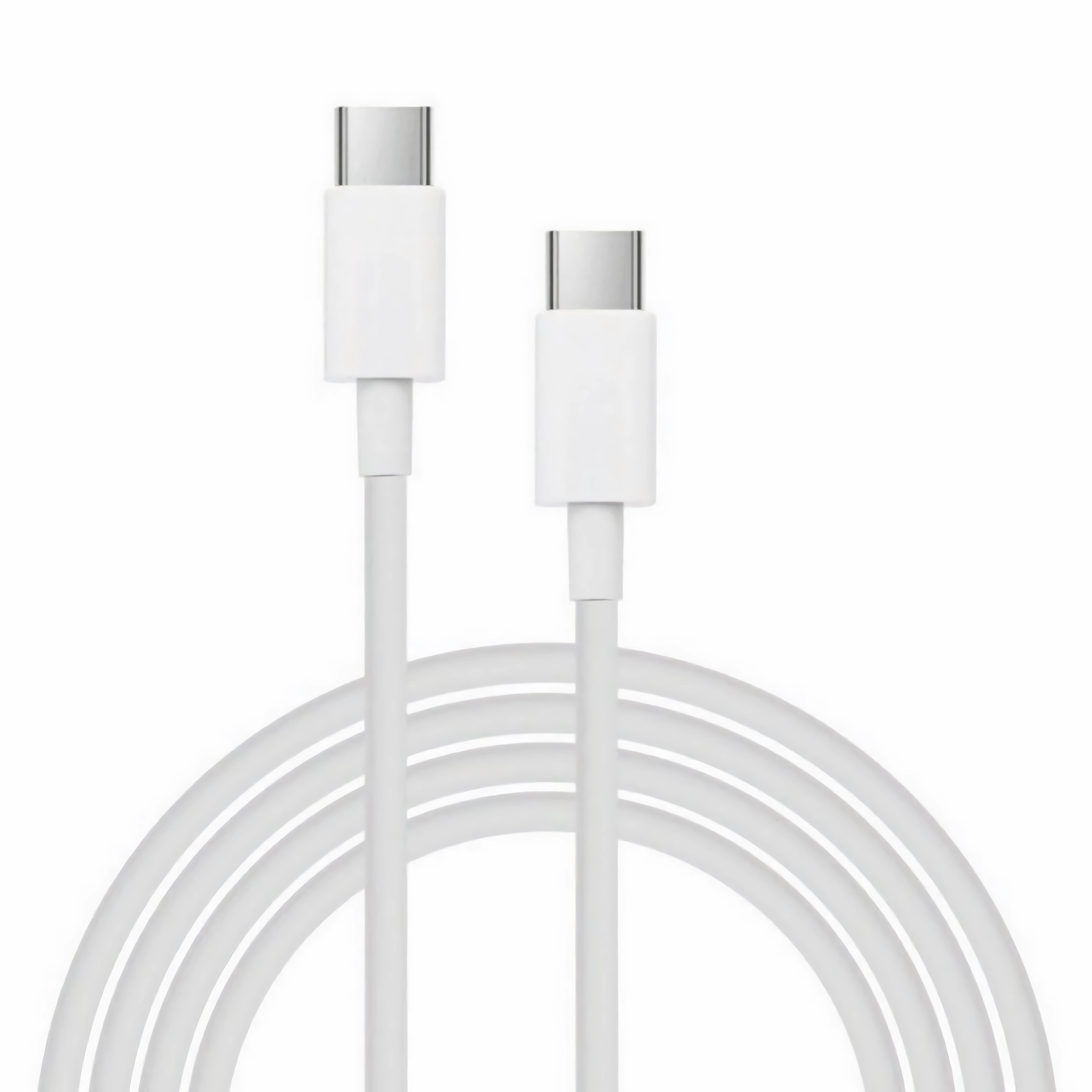 Zwei weiße USB-C-Kabel nebeneinander mit Anschlüssen an beiden Enden auf weißem Hintergrund.