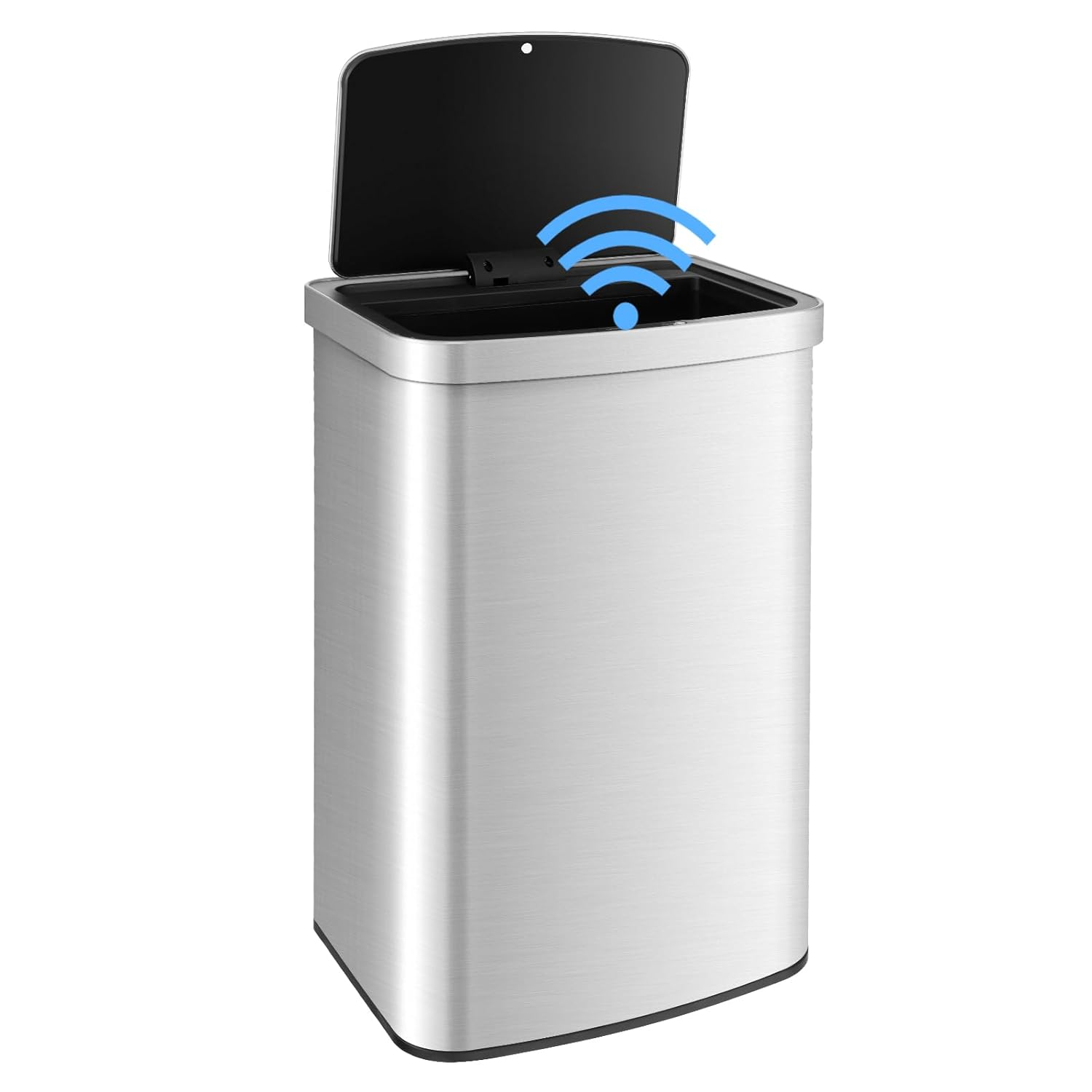 Silberner intelligenter Mülleimer mit WLAN-Signal-Symbolen.