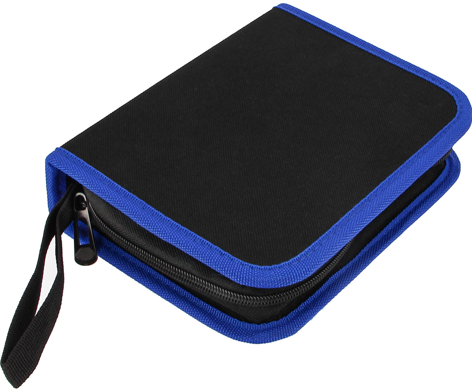 Schwarzes Etui mit blauem Rand und Reißverschluss. Geschlossen, mit Griff und Zipper.