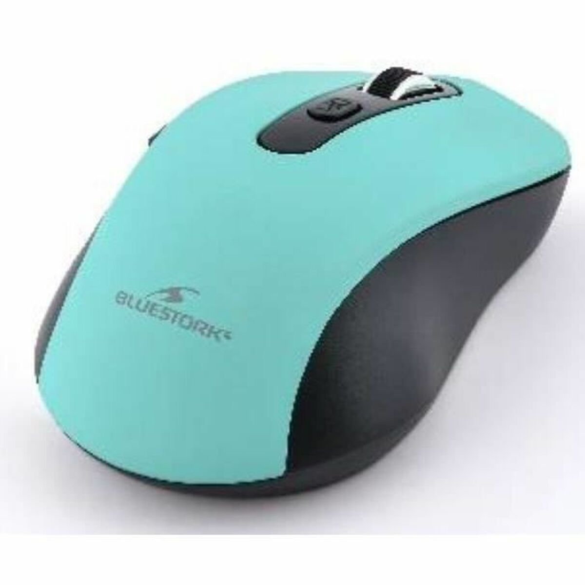 Eine türkisfarbene und schwarze kabellose Maus mit einem Scrollrad und dem Logo 'Bluestork'.