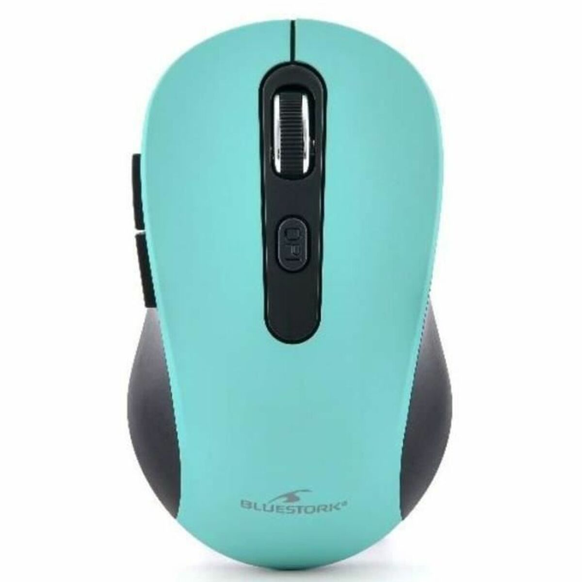 Blau-schwarze Computermaus mit zwei Seitentasten und einem Scrollrad.