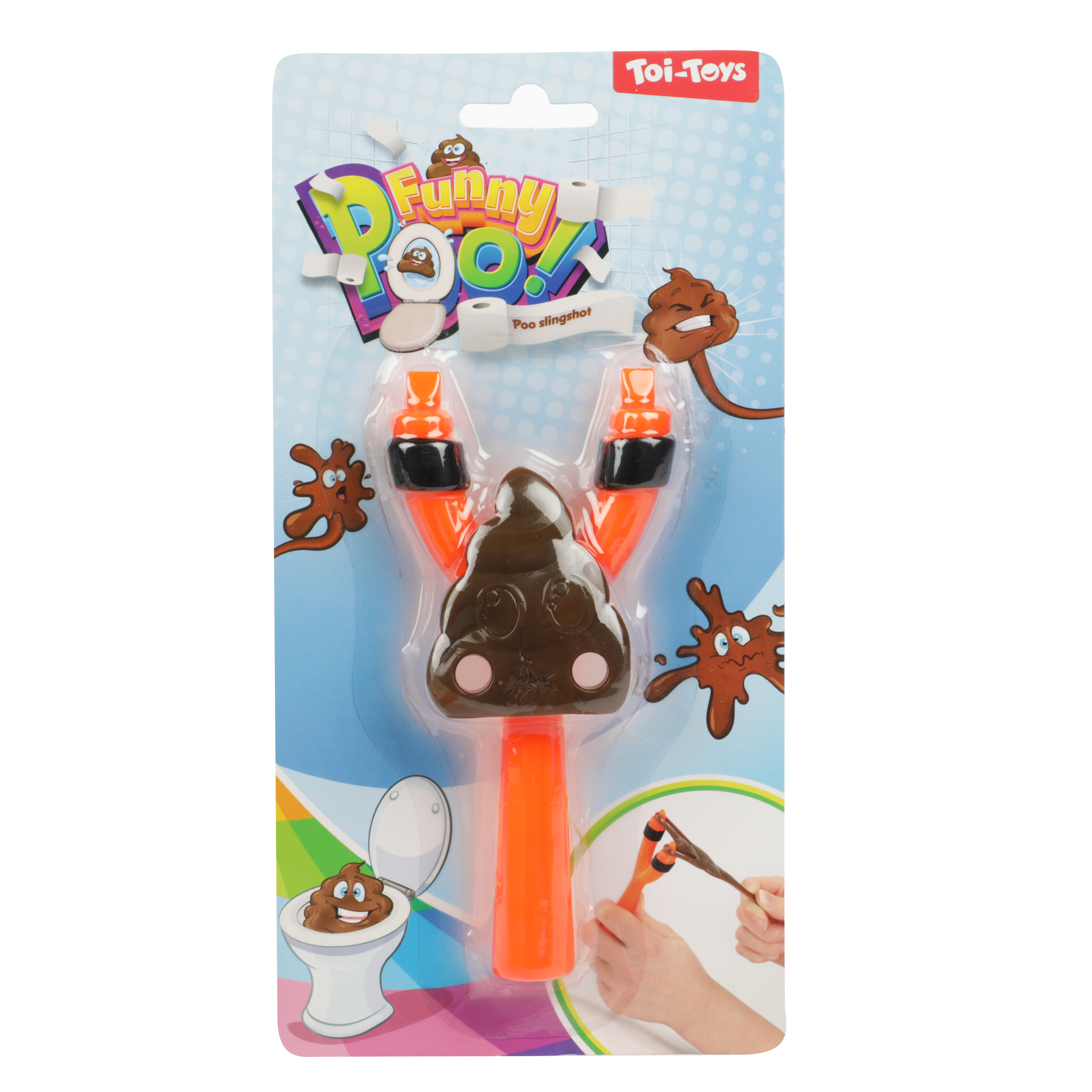 Eine Spielzeug-Kack-Schleuder in ihrer Verpackung. Das Spielzeug ist braun und orange, mit einem lustigen Gesicht.