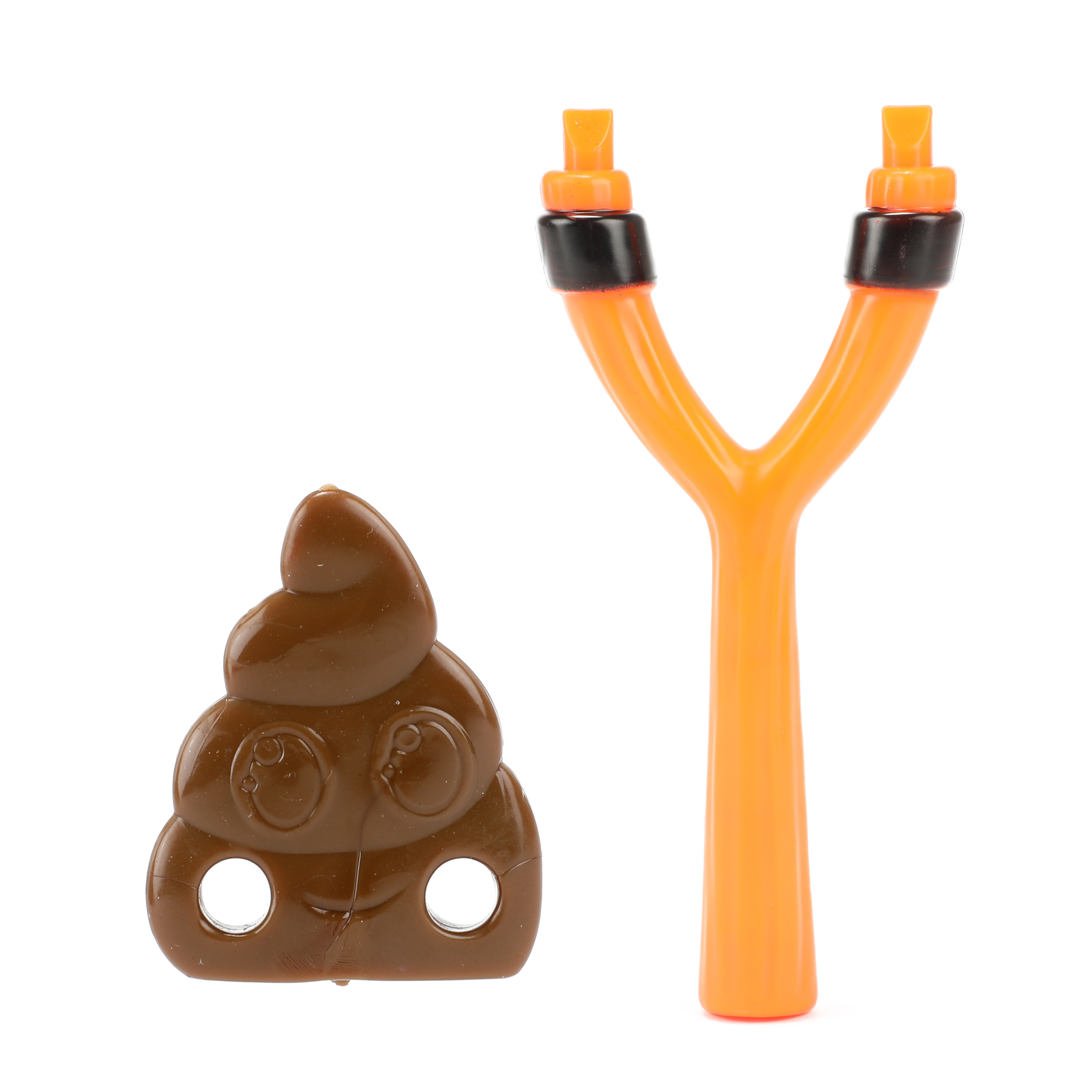 Orangene Schleuder mit Kackhaufen-Emoji und lächelndem Kackhaufen-Emoji, isoliert auf weißem Hintergrund.