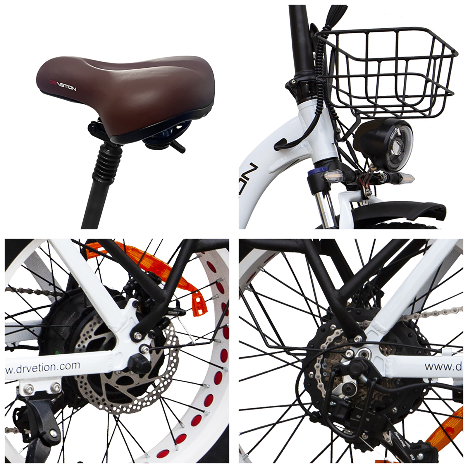 Vier Bilder: Ein Fahrradsattel, ein Lenker, ein Vorderrad mit Licht und ein Hinterrad. Das Fahrrad ist weiß.