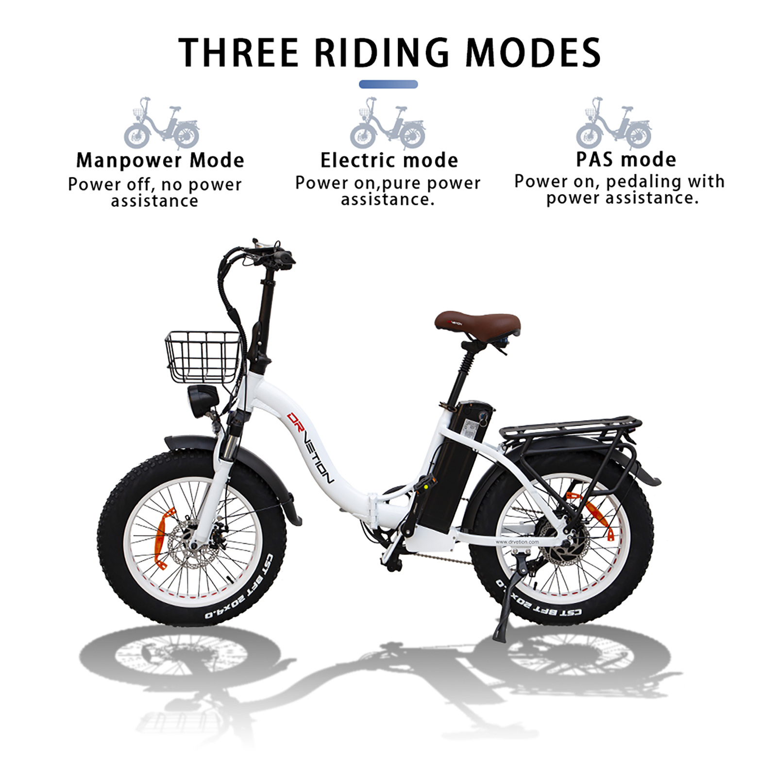 Ein Elektrofahrrad mit drei Fahrmodi: Manpower, Electric und PAS. Es ist weiß mit schwarzen Akzenten.