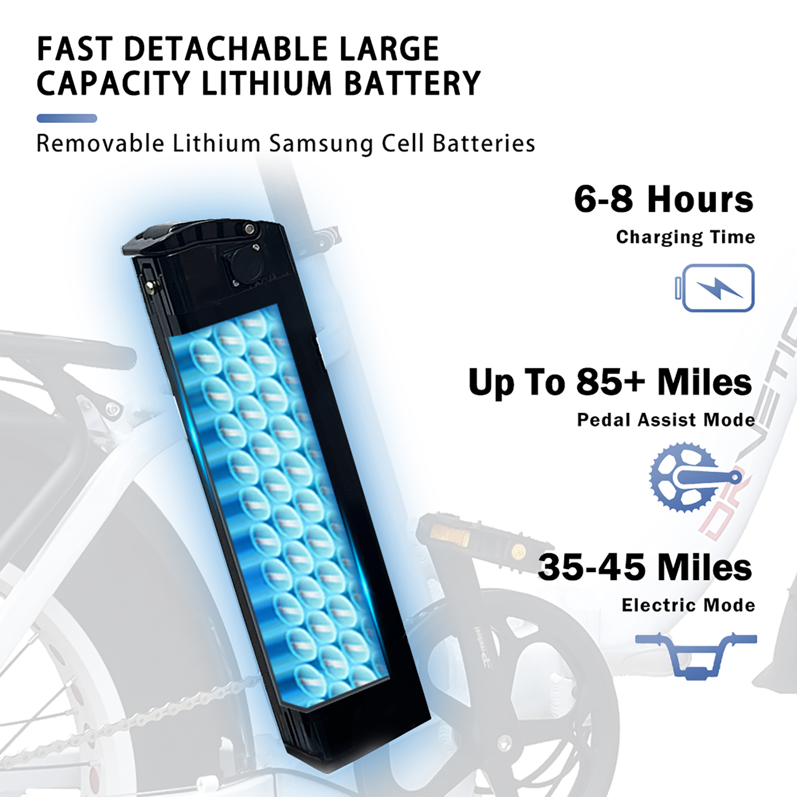 Eine E-Bike-Batterie wird angezeigt. Sie hat ein schwarzes Gehäuse, das die blau gefärbten Batteriezellen zeigt.