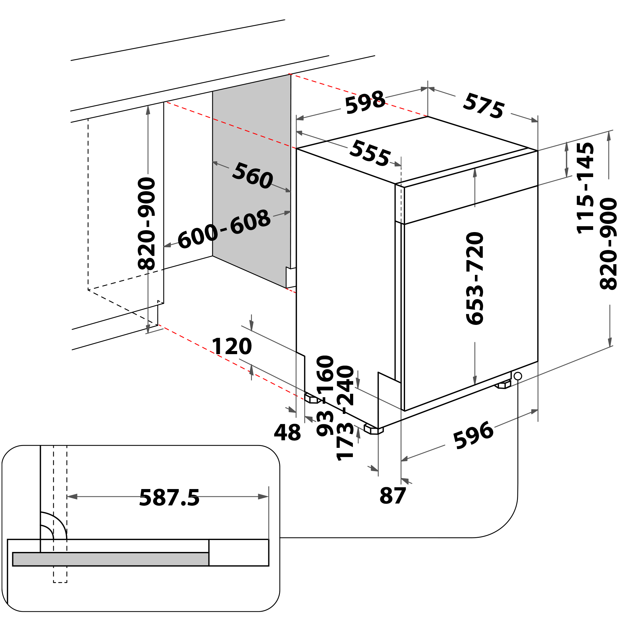 Ein Diagramm eines Geschirrspülers mit Maßen in mm. Der Geschirrspüler ist weiß.