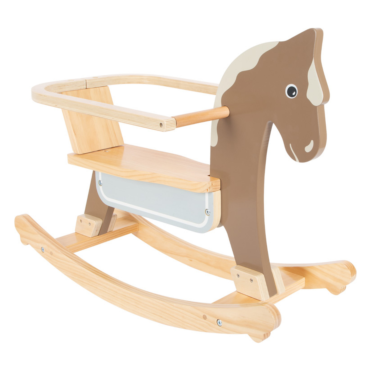 Caballo balancín de madera con cabeza marrón y cuerpo de madera clara. Tiene asiento y asas para un niño.