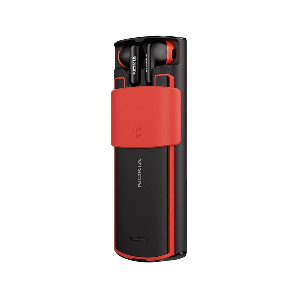 Un estuche negro y rojo para auriculares Nokia con auriculares dentro. El logotipo de NOKIA es visible.