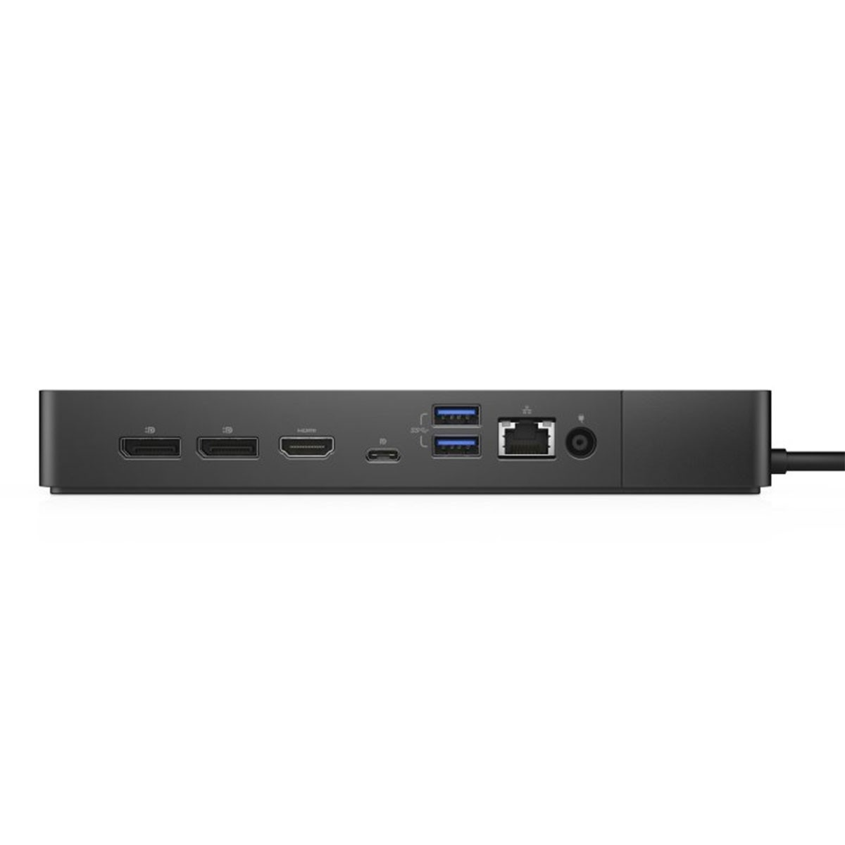 Schwarze Dockingstation mit verschiedenen Anschlüssen, darunter HDMI, USB und Ethernet, auf weißem Hintergrund.