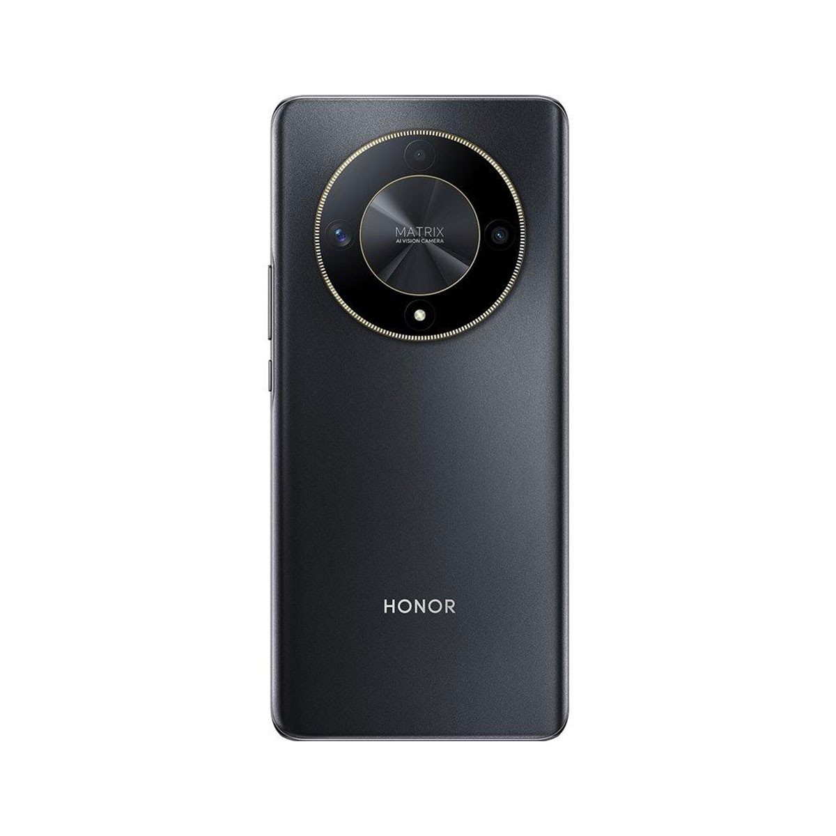 Czarny smartfon HONOR z dużym modułem aparatu. Tył ma logo HONOR na ciemnym tle.