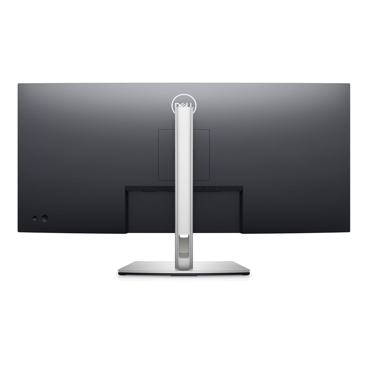 Tył dużego, czarnego monitora komputera ze srebrną podstawką i logo Dell.