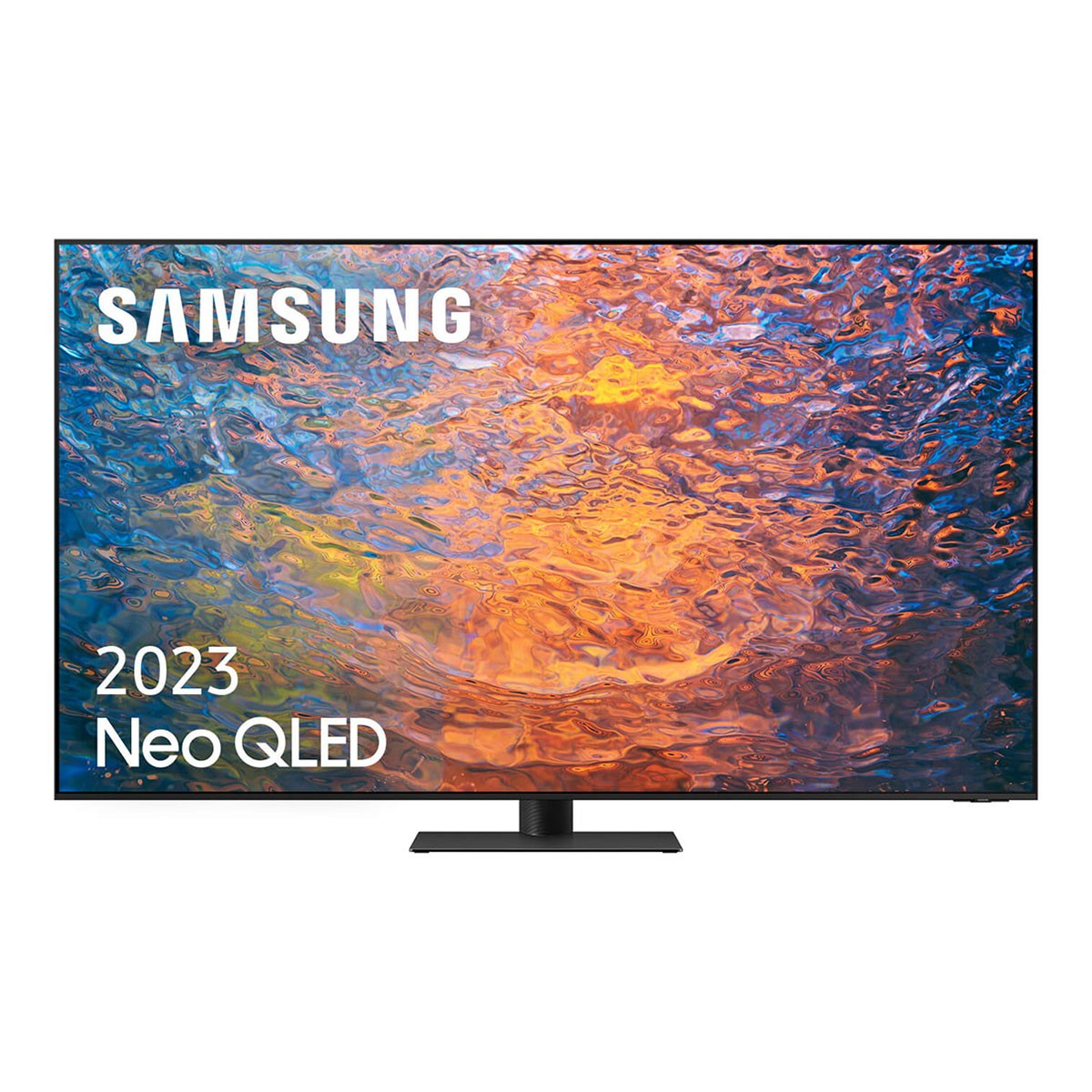 Telewizor Samsung 2023 Neo QLED na stojaku, prezentujący kolorowy, abstrakcyjny wyświetlacz.