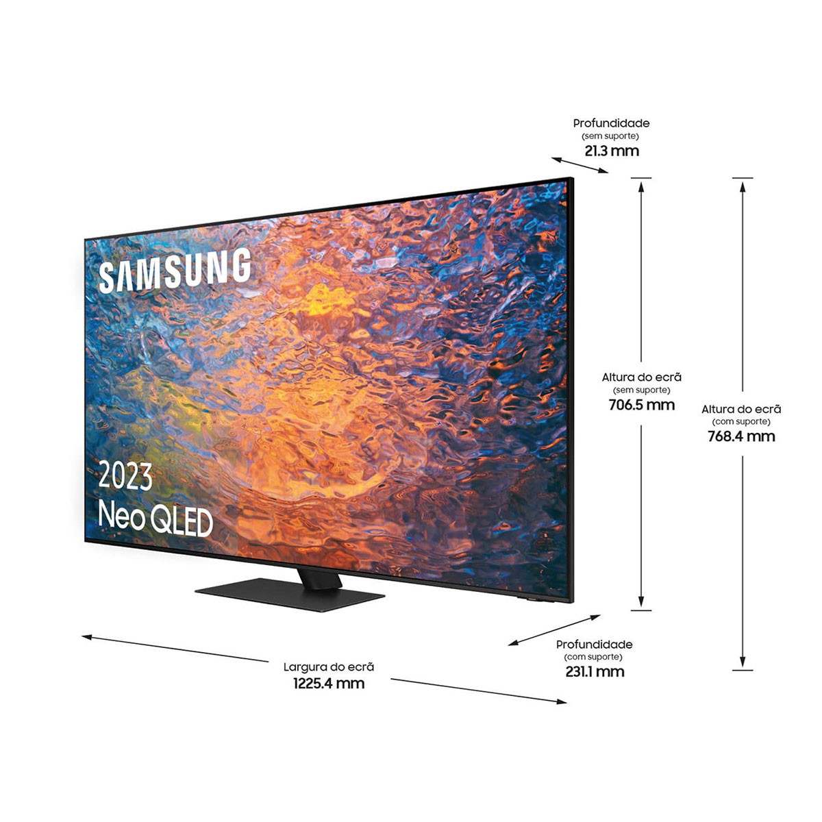 Telewizor Samsung 2023 Neo QLED. Wymiary telewizora są napisane obok.