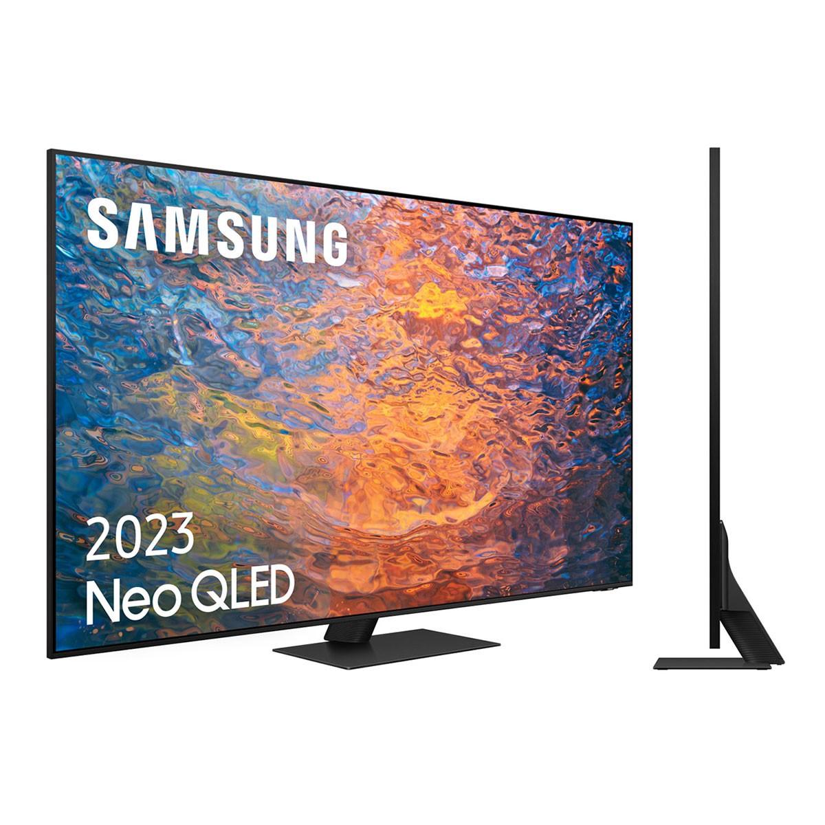 Duży, czarny telewizor Samsung 2023 Neo QLED z widokiem z boku, prezentujący elegancki design.