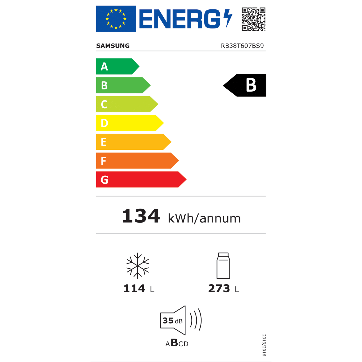 Etichetta energetica per un frigorifero Samsung. Informazioni su efficienza energetica, capacità e livelli di rumore.