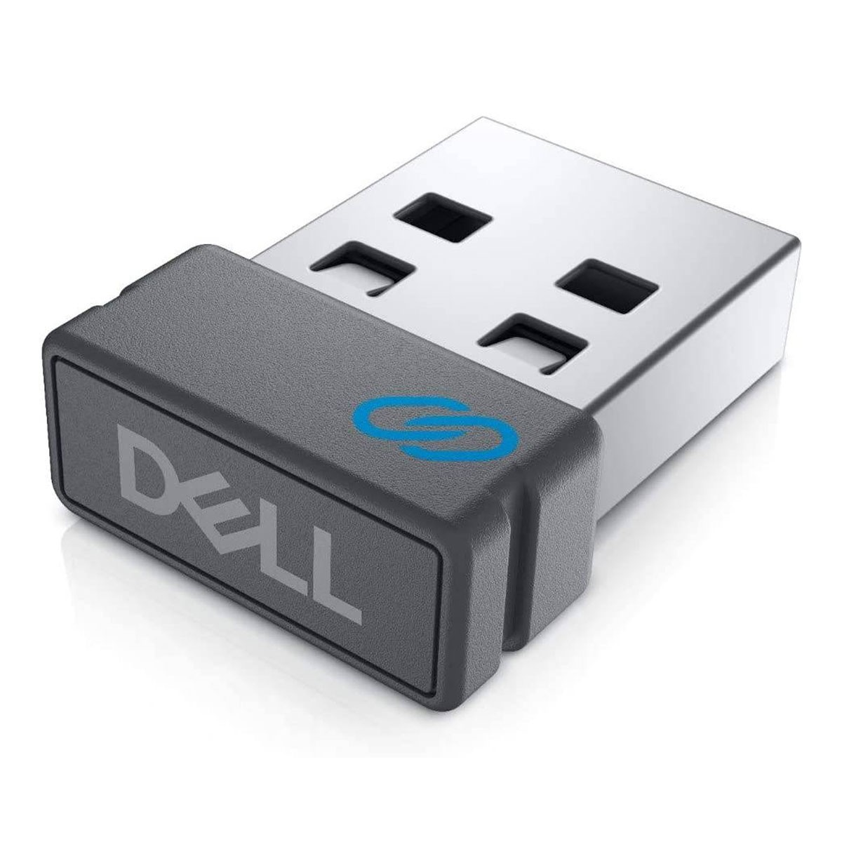 Odbiornik bezprzewodowy USB firmy Dell, szary z logo Dell i niebieskim symbolem.