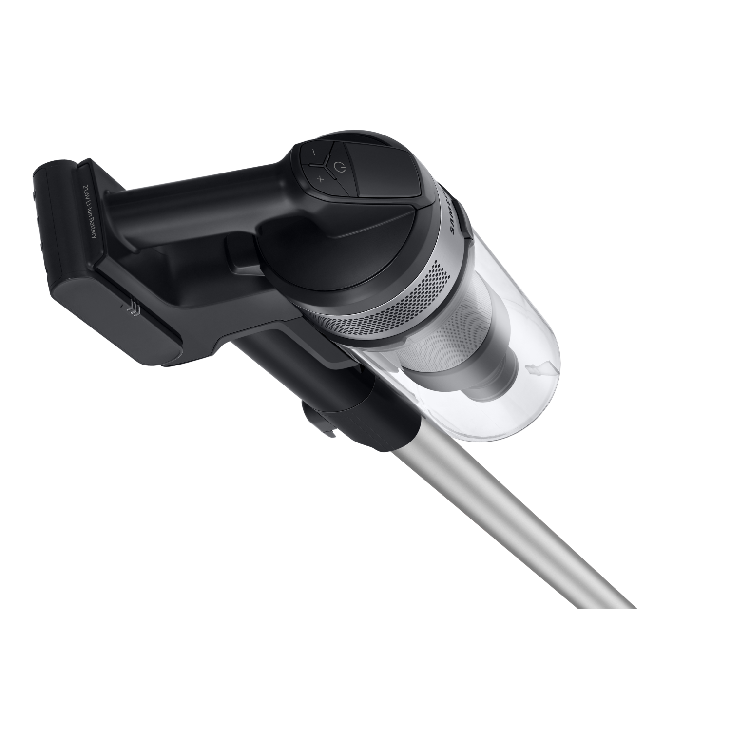 Czarny i srebrny odkurzacz bezprzewodowy, odizolowany na białym tle, widok z góry.