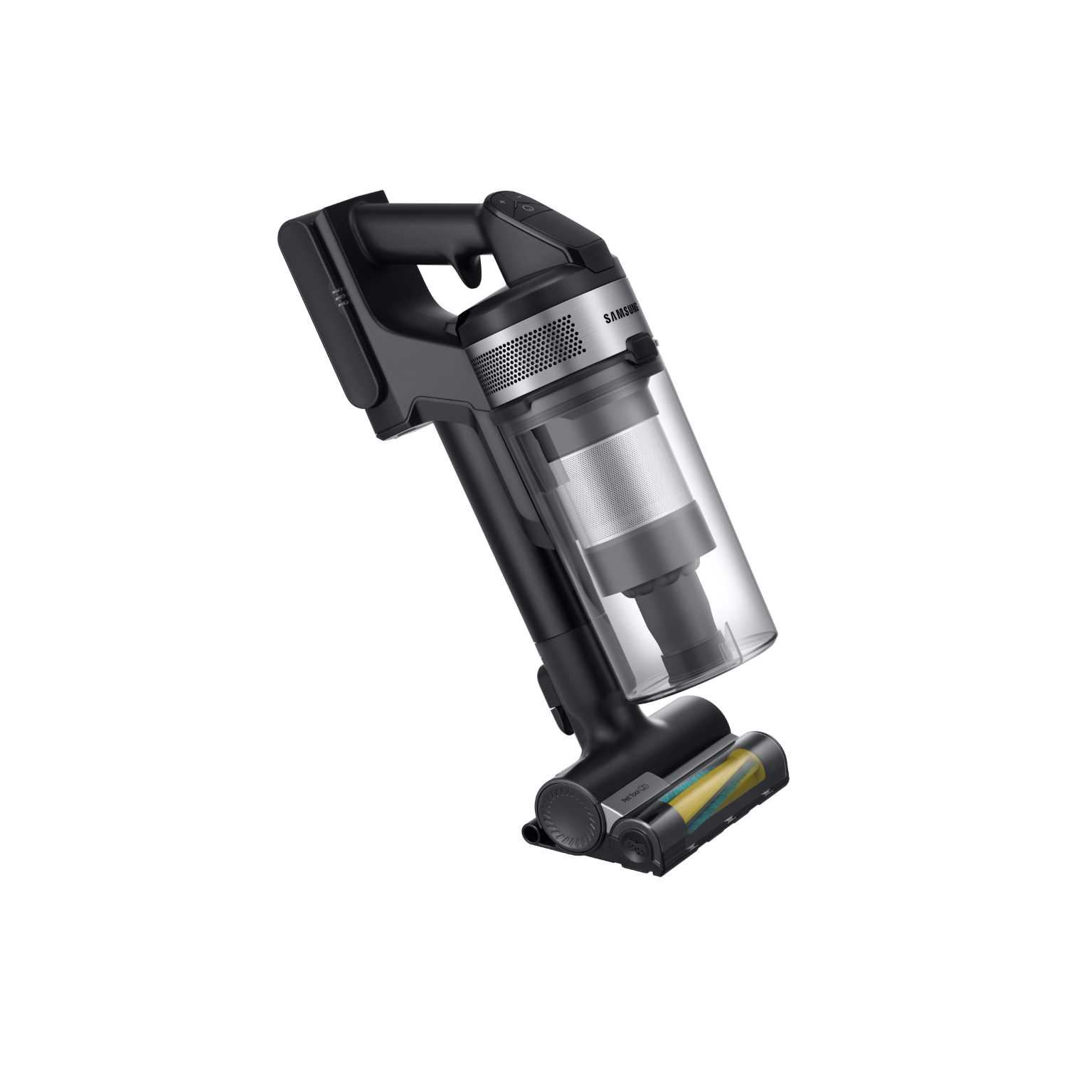 Czarny i srebrny bezprzewodowy odkurzacz Samsung, pod kątem, na białym tle.