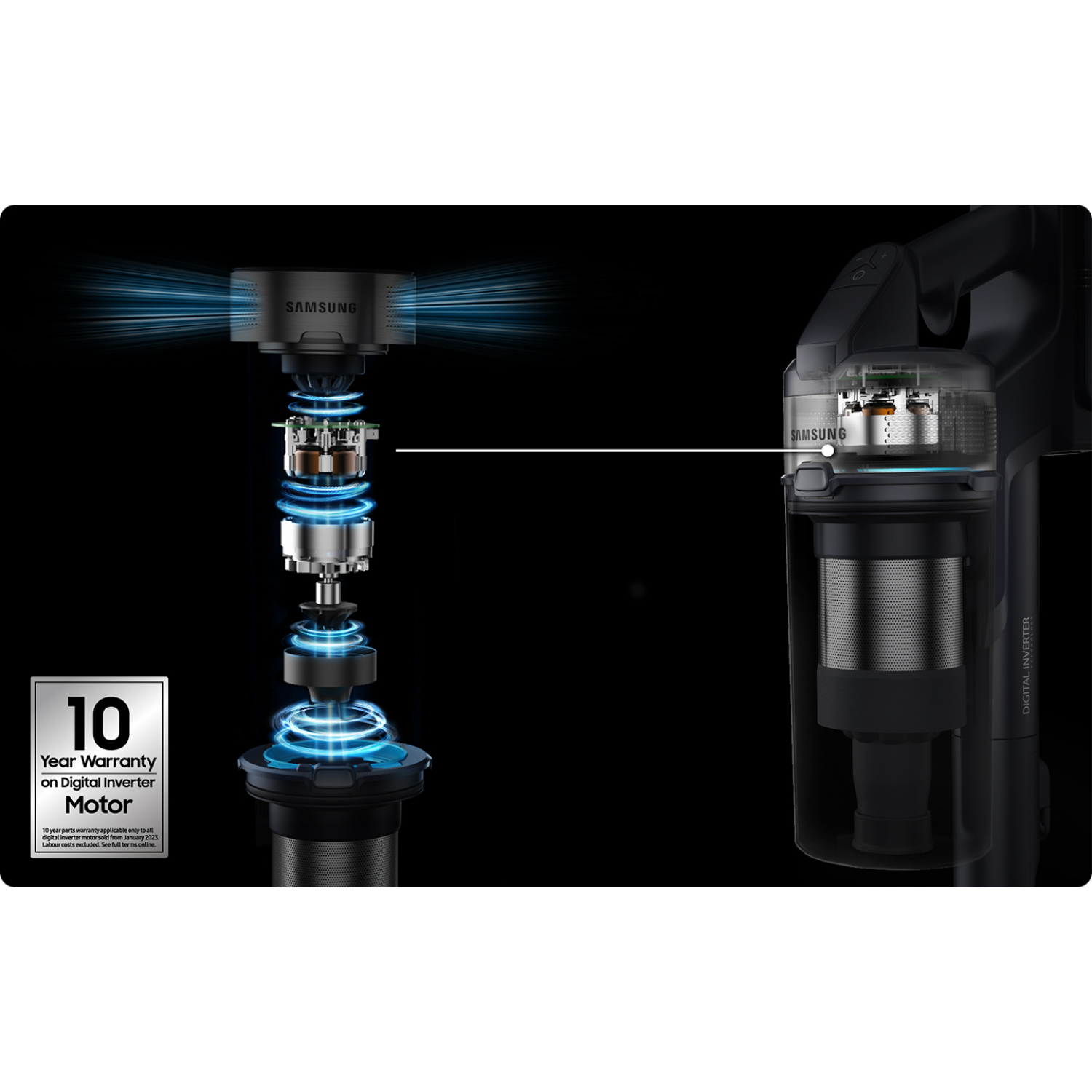 Widok przekrojowy silnika odkurzacza, prezentujący elementy wewnętrzne.