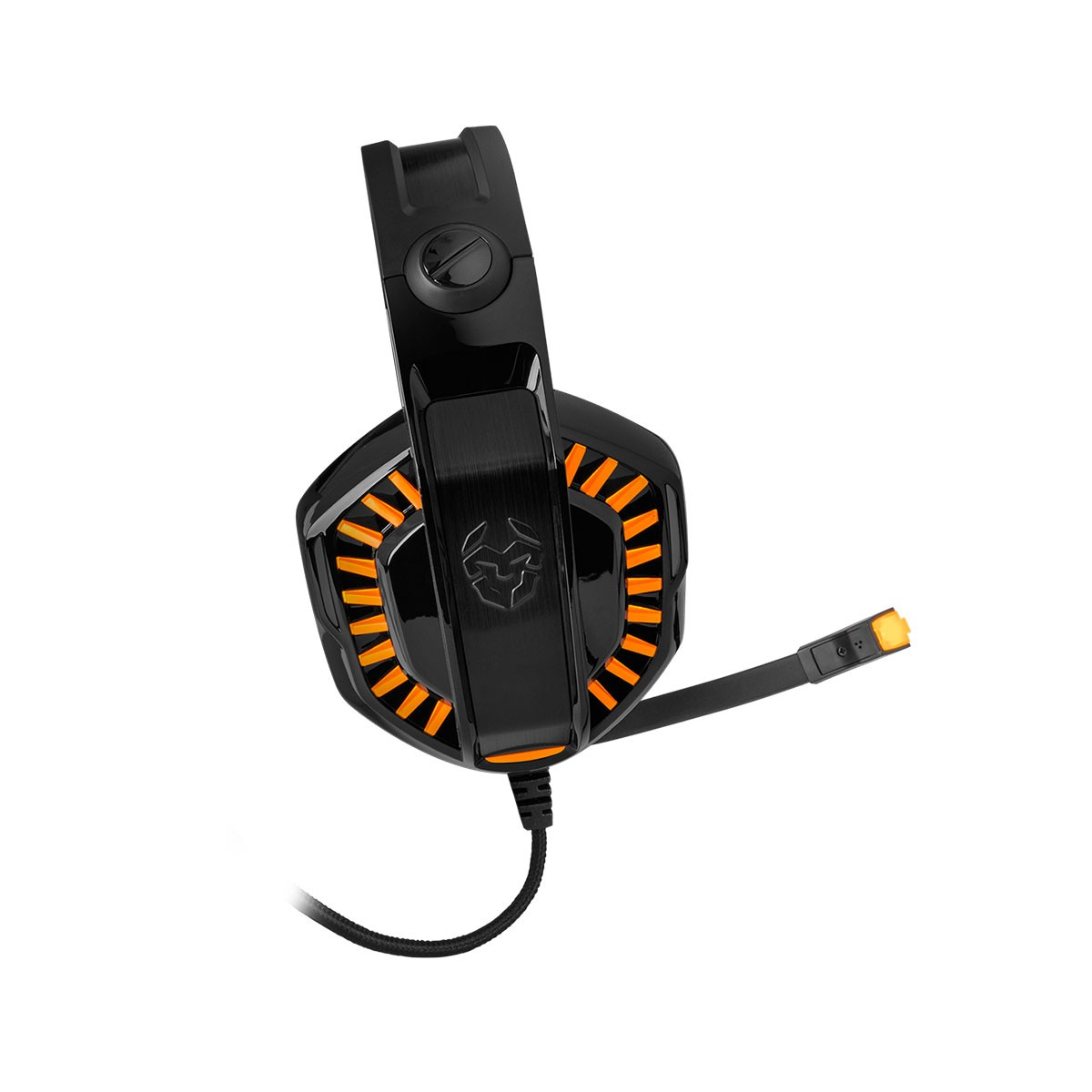 Auriculares para juegos negros y naranjas. Tienen micrófono y diadema ajustable.