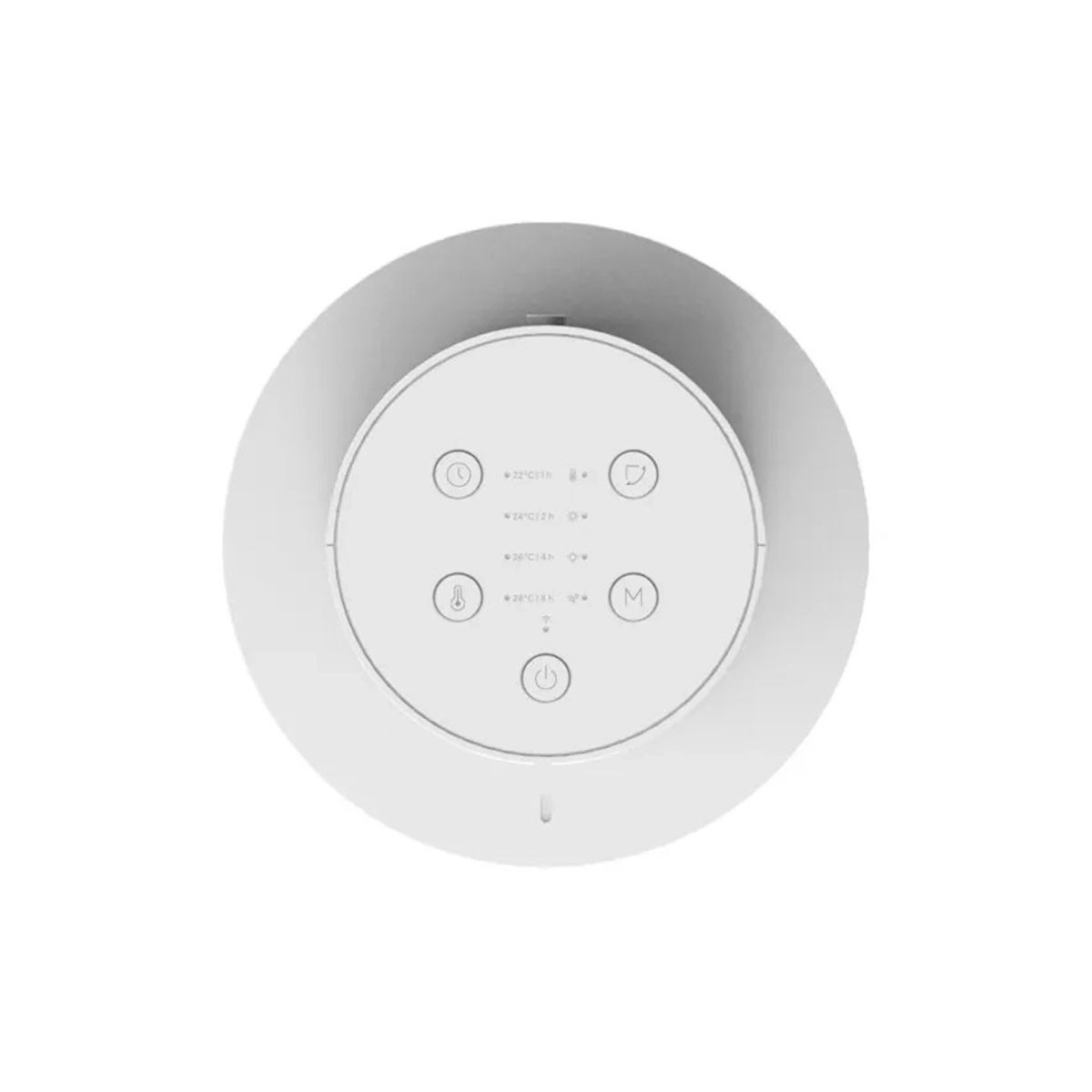Biały, okrągły panel sterowania z przyciskami i odczytami temperatury.
