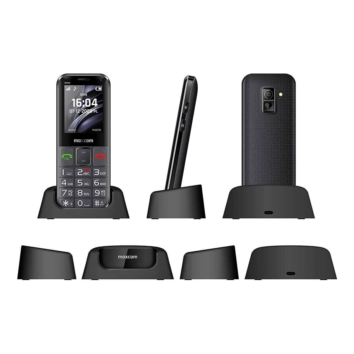 Czarny telefon komórkowy na czarnym stojaku, z ekranem pokazującym godzinę. Kilka widoków.