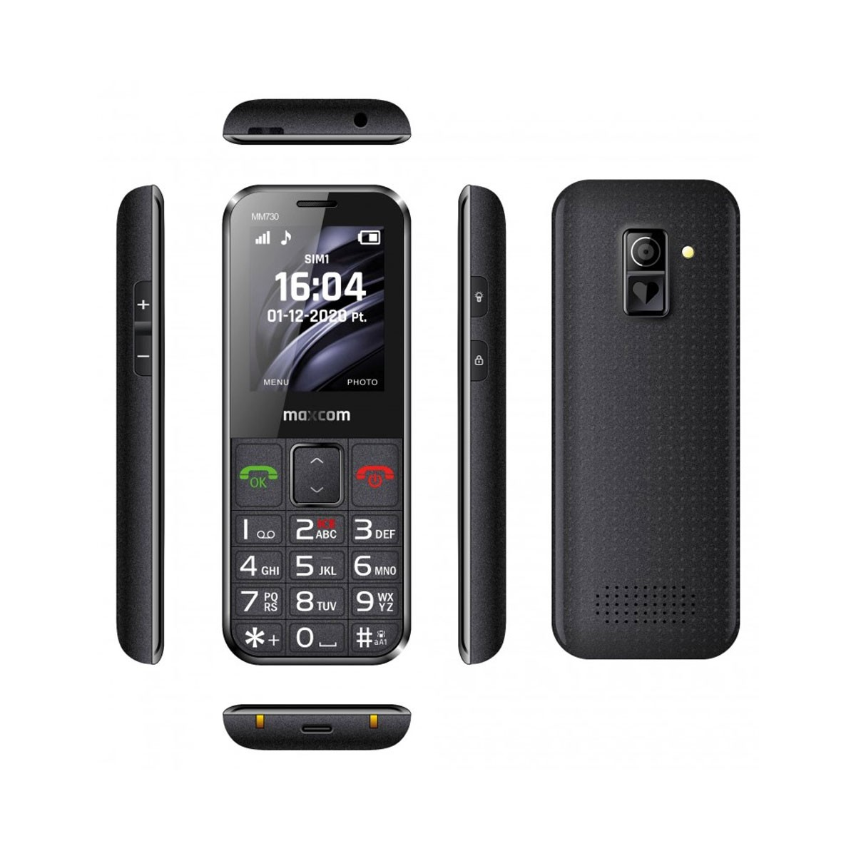 Czarny telefon komórkowy z ekranem pokazującym godzinę i klawiaturą, z wieloma widokami.