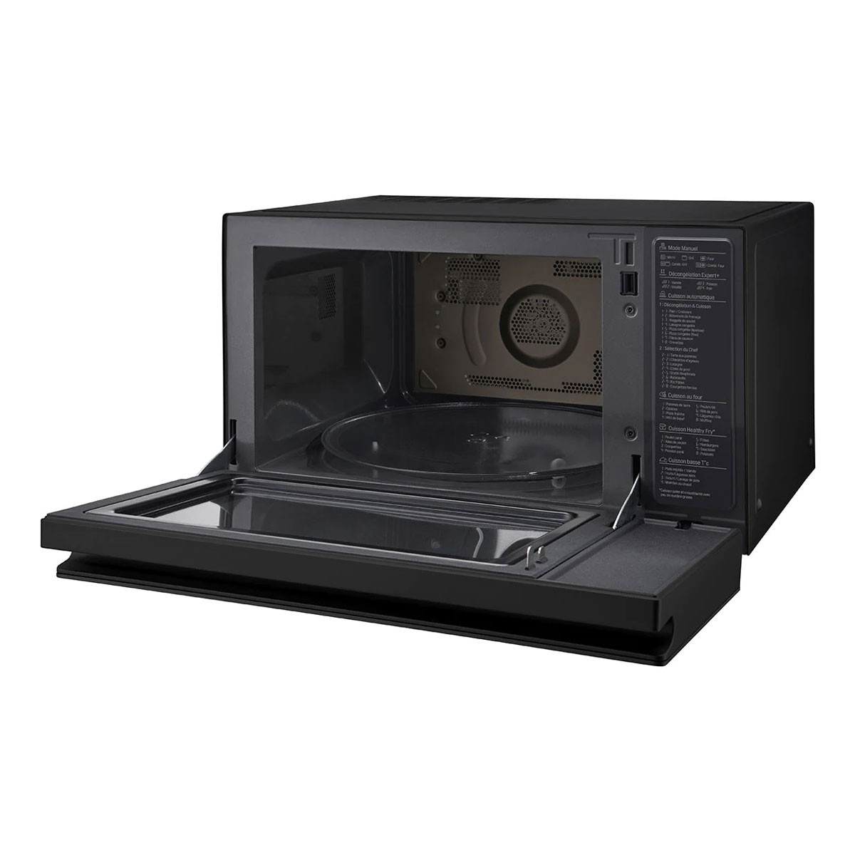 Czarna kuchenka mikrofalowa z otwartymi drzwiami. Wnętrze widoczne. Panel sterowania po prawej.