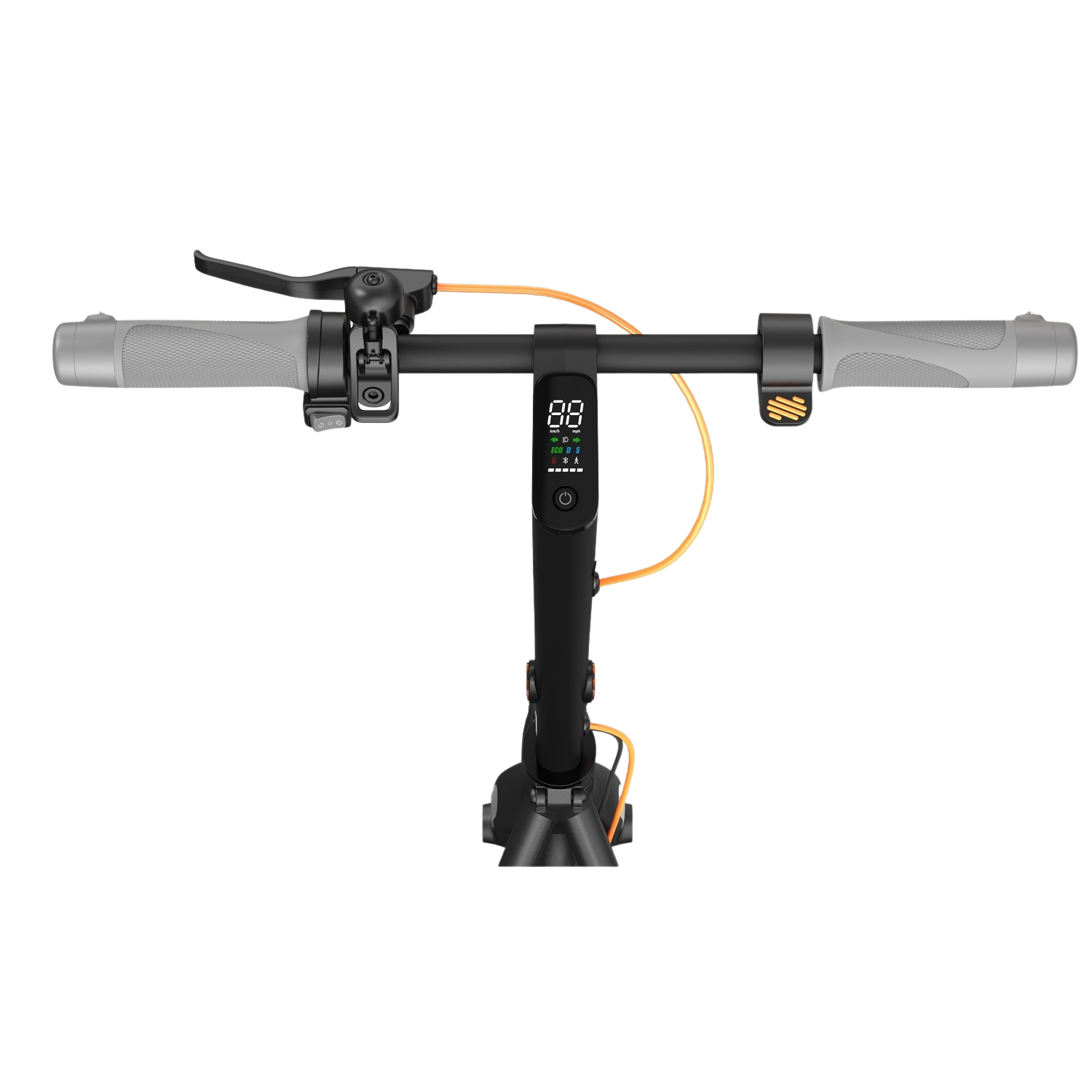Zwart stuur van een elektrische scooter. Handvatten zijn grijs. Display toont snelheid, batterij, etc.