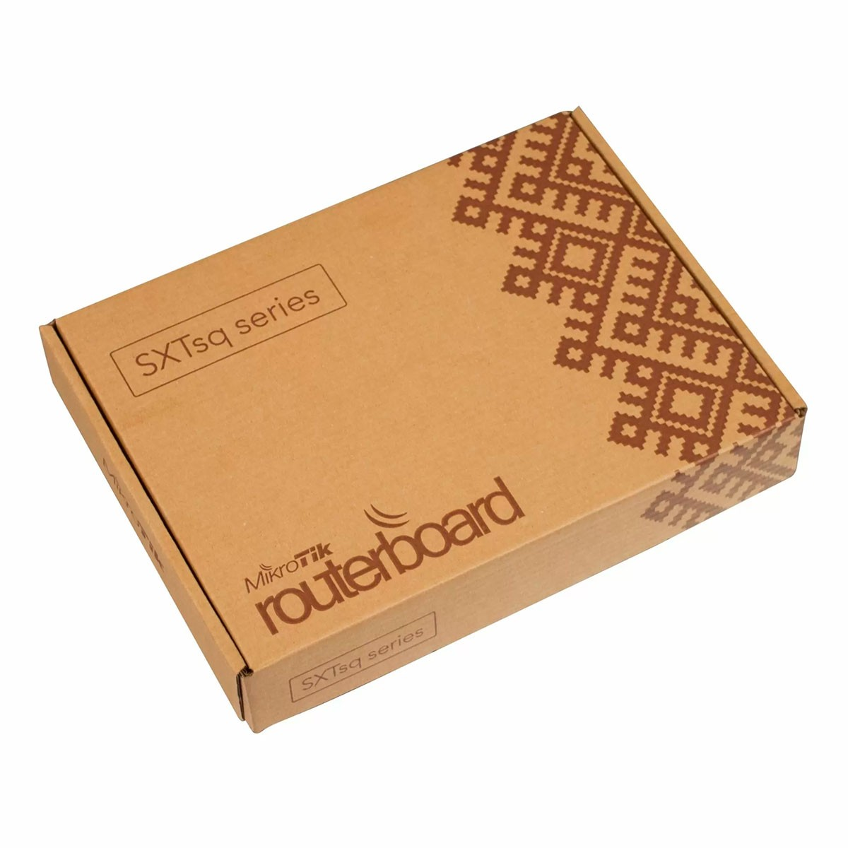 Brązowe pudełko Routerboard z nadrukiem i tekstem 'SXTsq series' oraz 'MikroTik'.