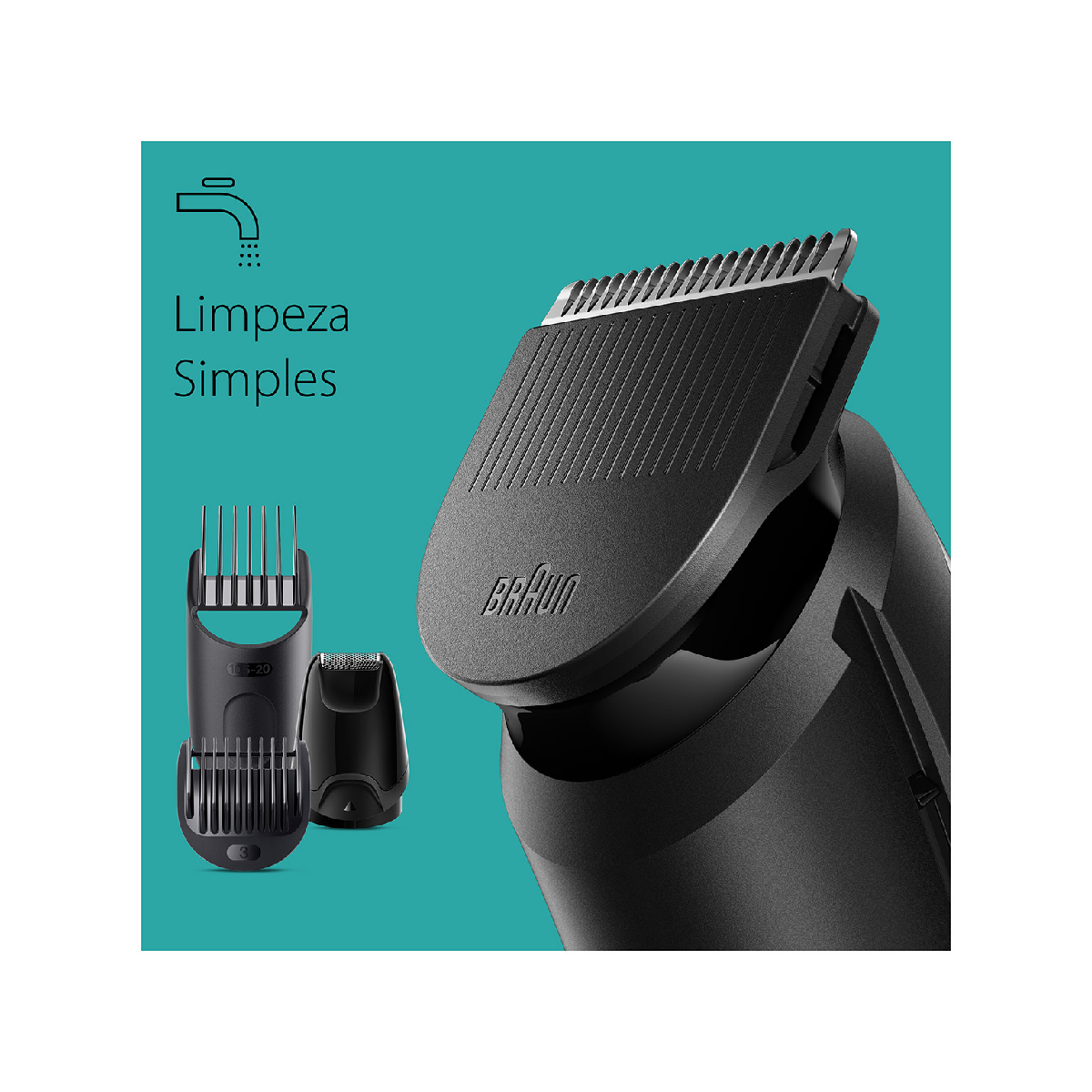 Un tagliabarba nero con tre accessori e il testo 'Limpeza Simples' su sfondo verde acqua.