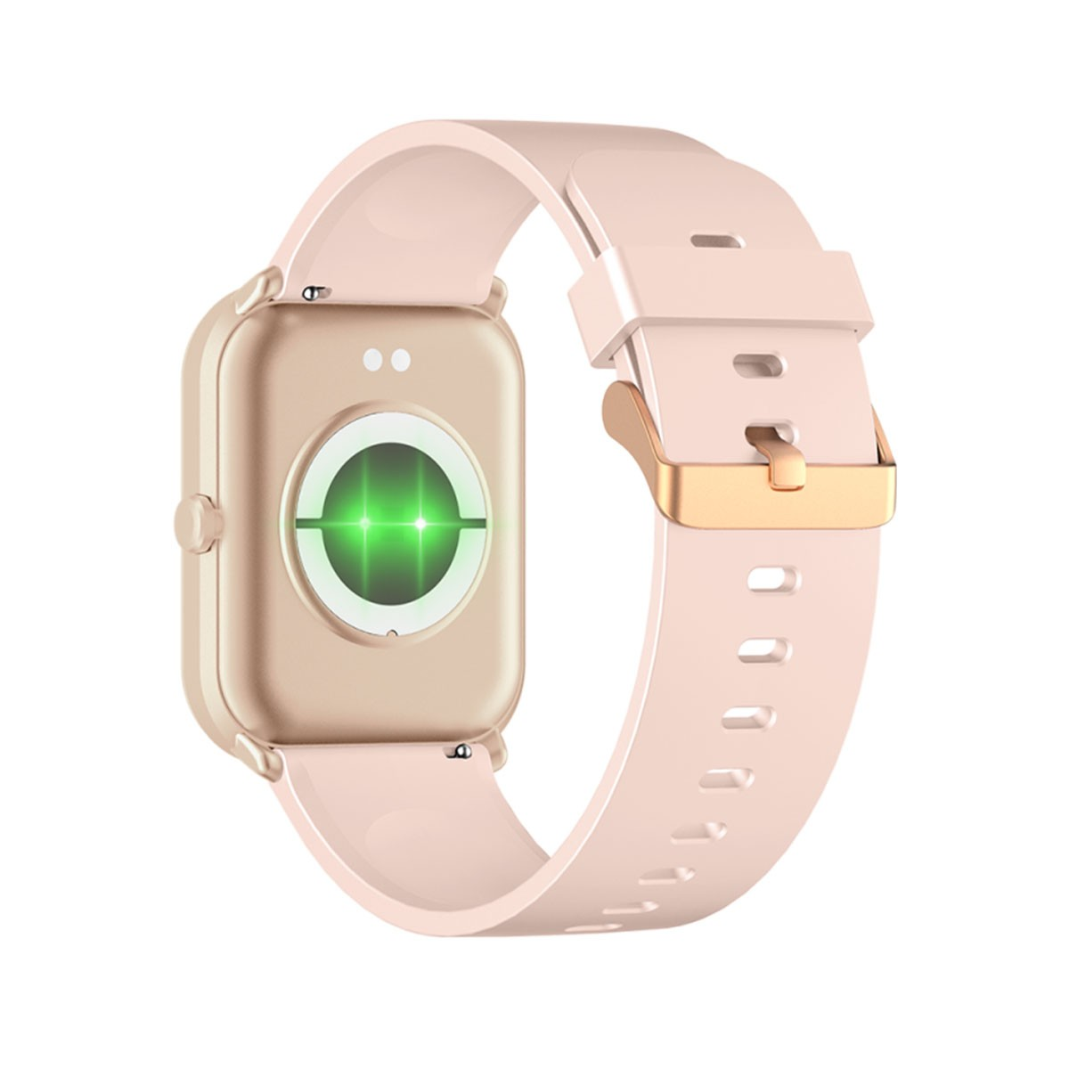 Rückseite einer goldenen Smartwatch mit Herzfrequenzsensor und hellrosa Armband mit goldener Schließe.
