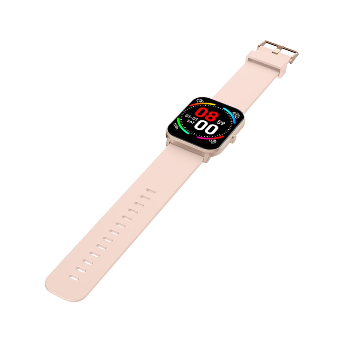 Smartwatch mit pinkfarbenem Armband. Der Bildschirm zeigt Zeit und Daten.