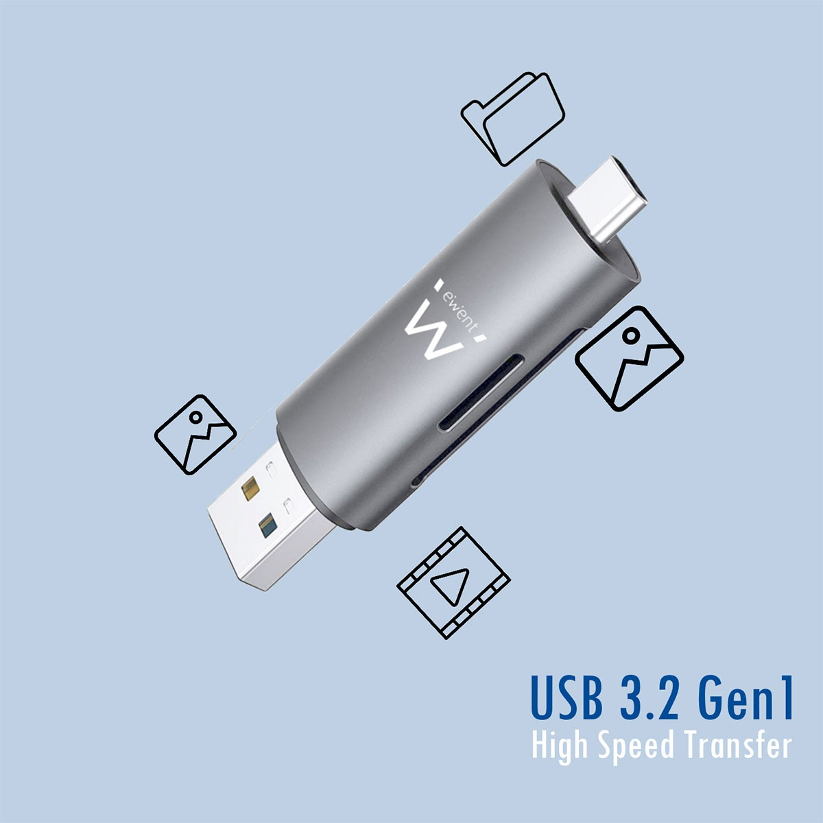 Srebrny pendrive USB-C z ikonami zdjęć, wideo i plików. Tekst 'USB 3.2 Gen 1'.