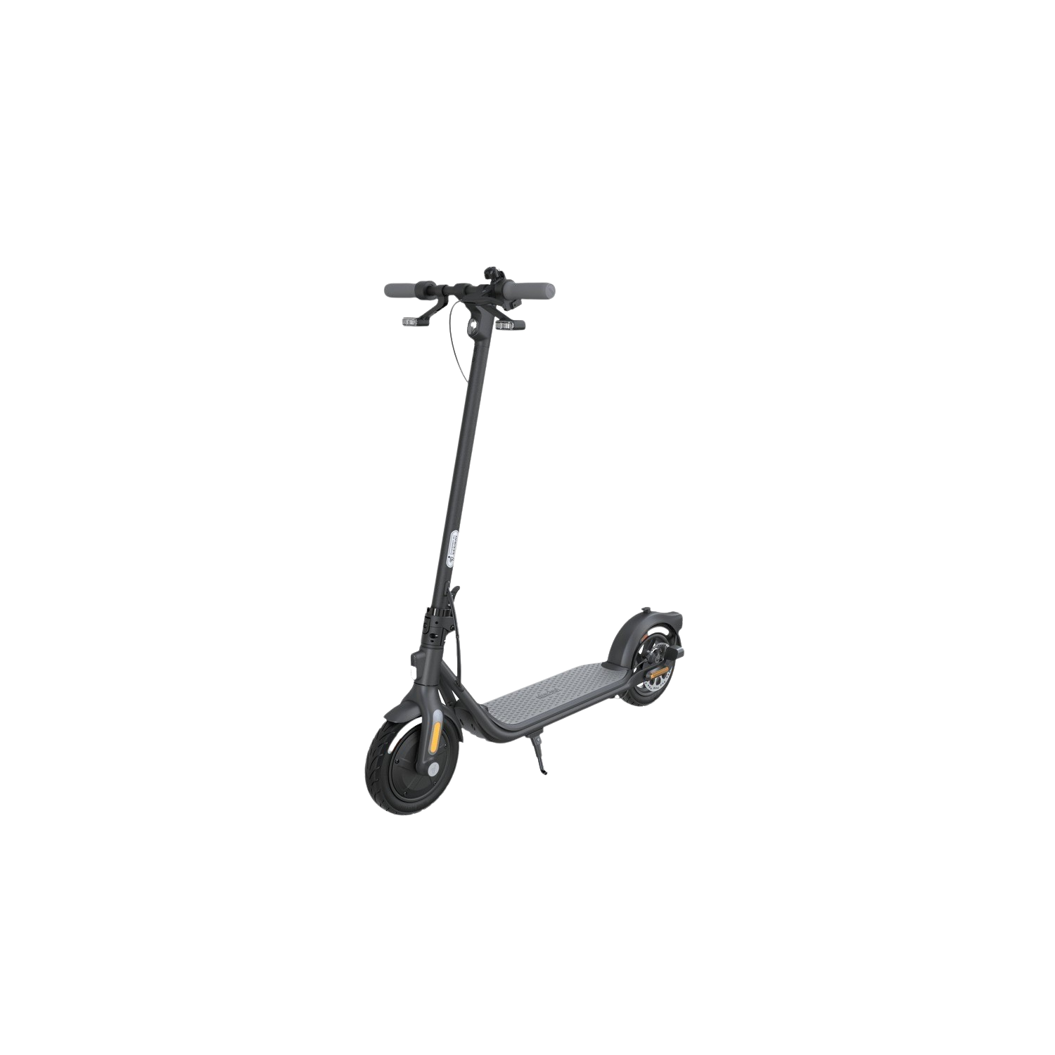 Zwarte elektrische scooter met zwart frame, gele wielen en zwart stuur.
