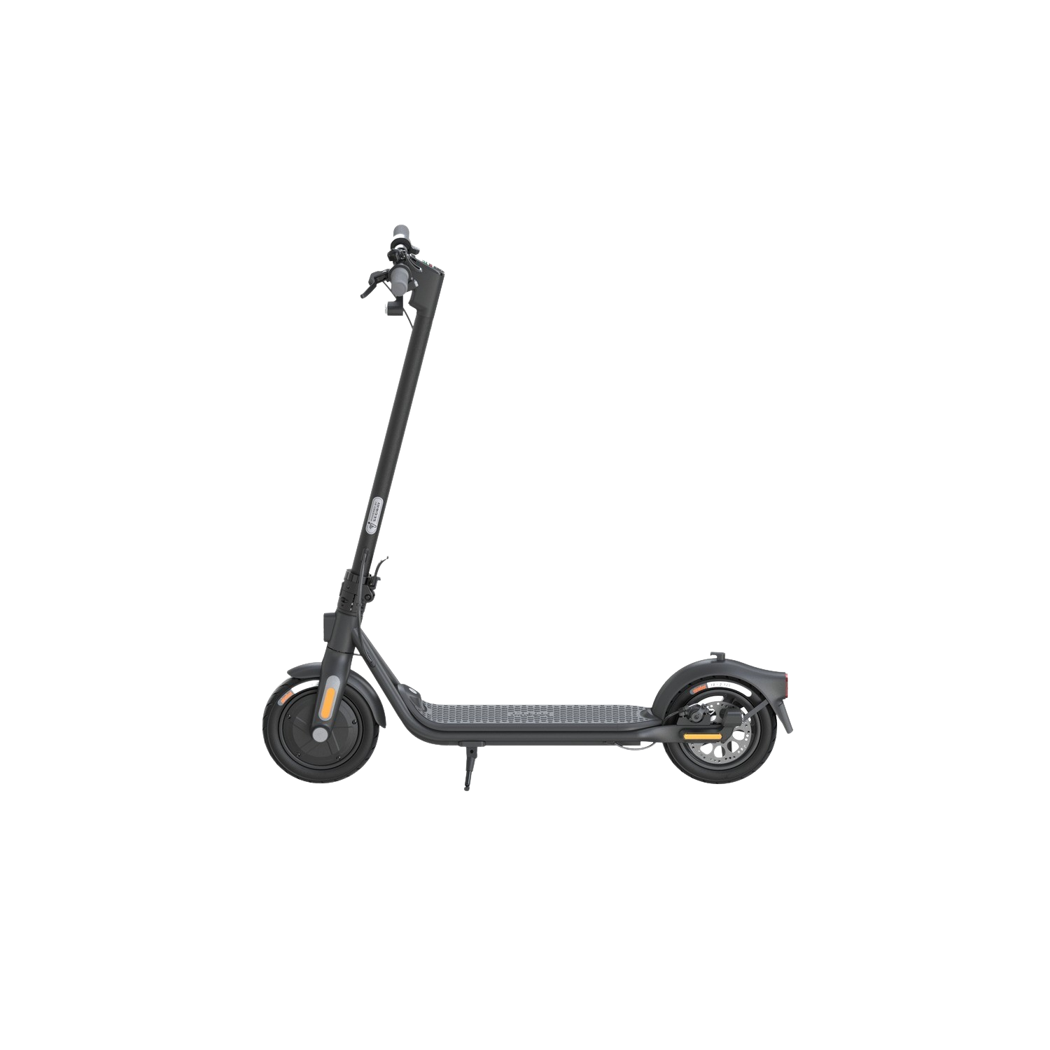 Zwarte elektrische scooter op een zwarte achtergrond. De scooter wordt van de zijkant bekeken, iets naar rechts gekanteld.