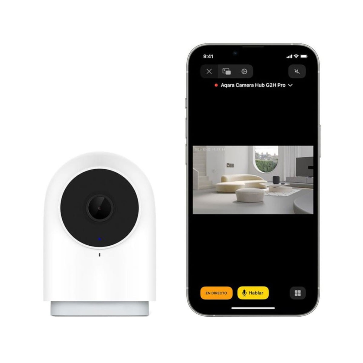 Biała kamera bezpieczeństwa z czarnym ekranem wyświetlającym widok na żywo z pokoju.