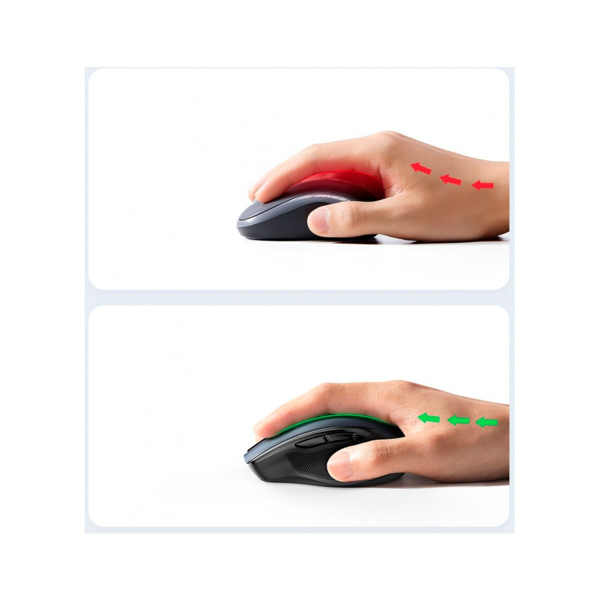 Dwa obrazy dłoni używającej myszy. Pierwszy pokazuje nieprawidłową pozycję nadgarstka, drugi prawidłową.