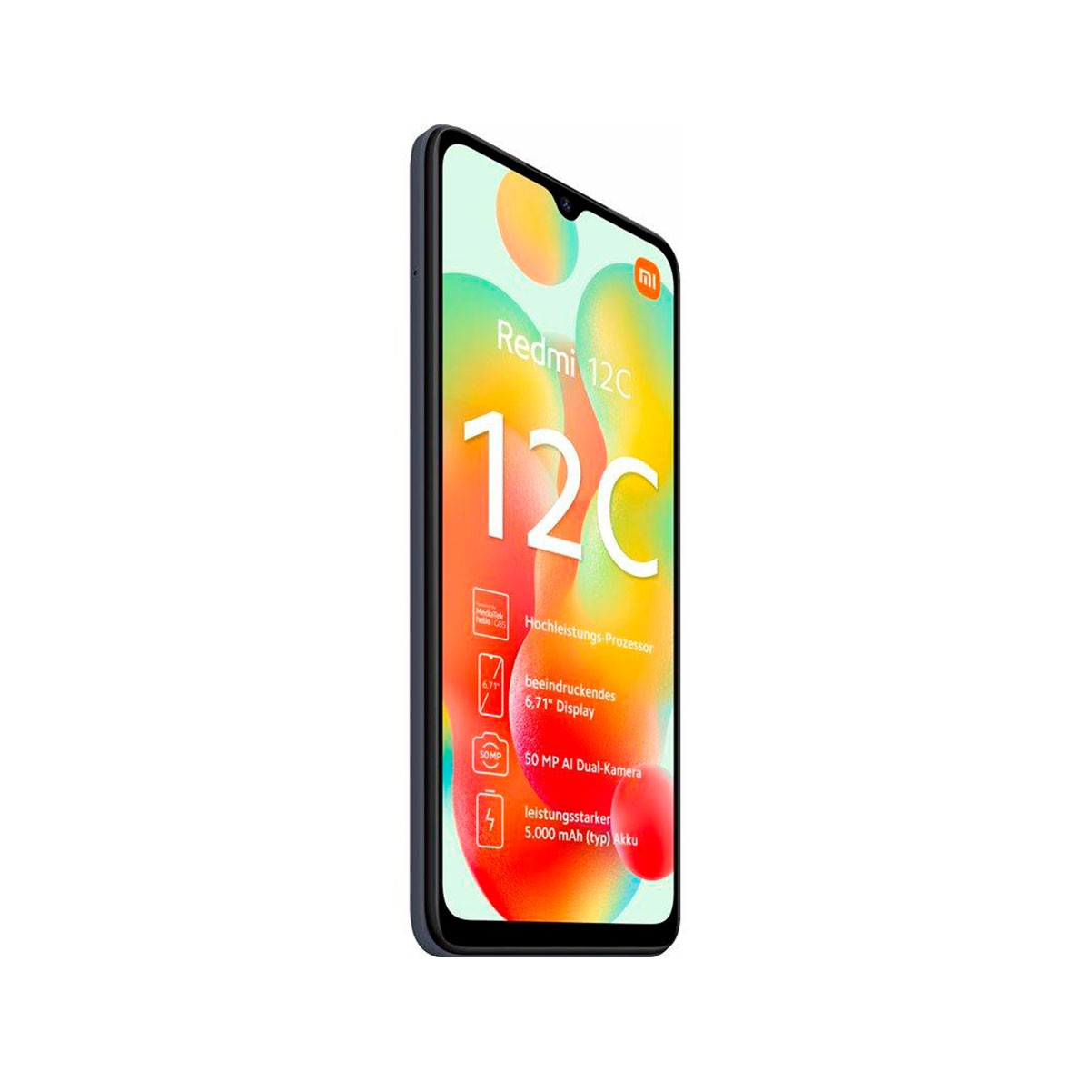 Redmi 12C smartphone. Het scherm toont app-iconen. De telefoon staat schuin, geïsoleerd op een witte achtergrond.