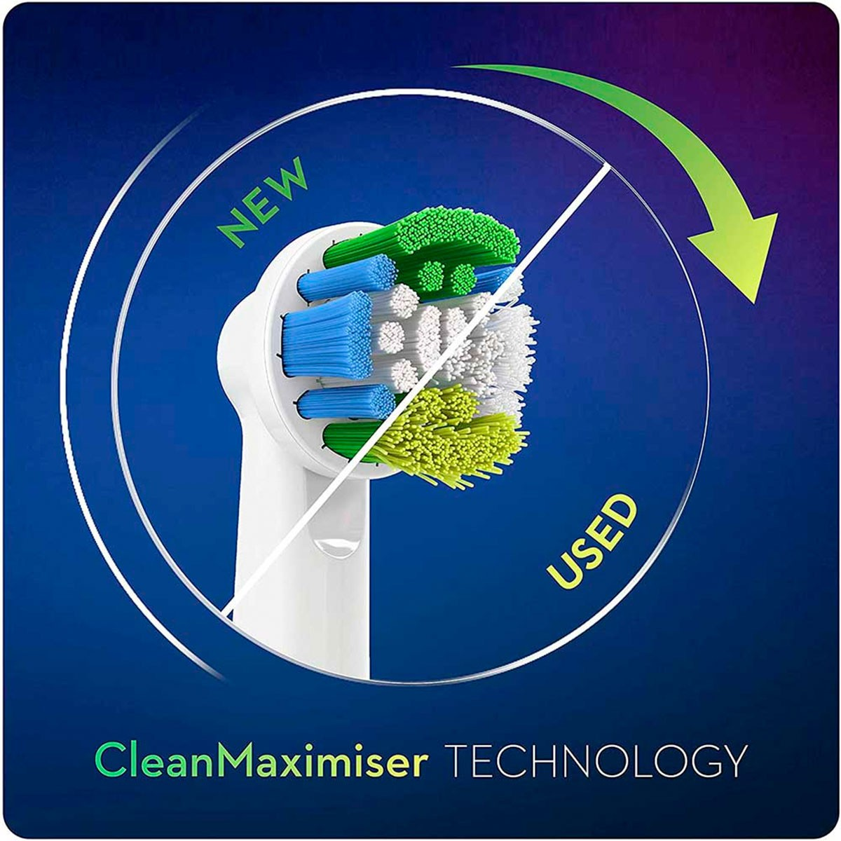 Główka szczoteczki do zębów pokazująca nowe i zużyte włosie. Zielona strzałka wskazuje kierunek użytkowania.