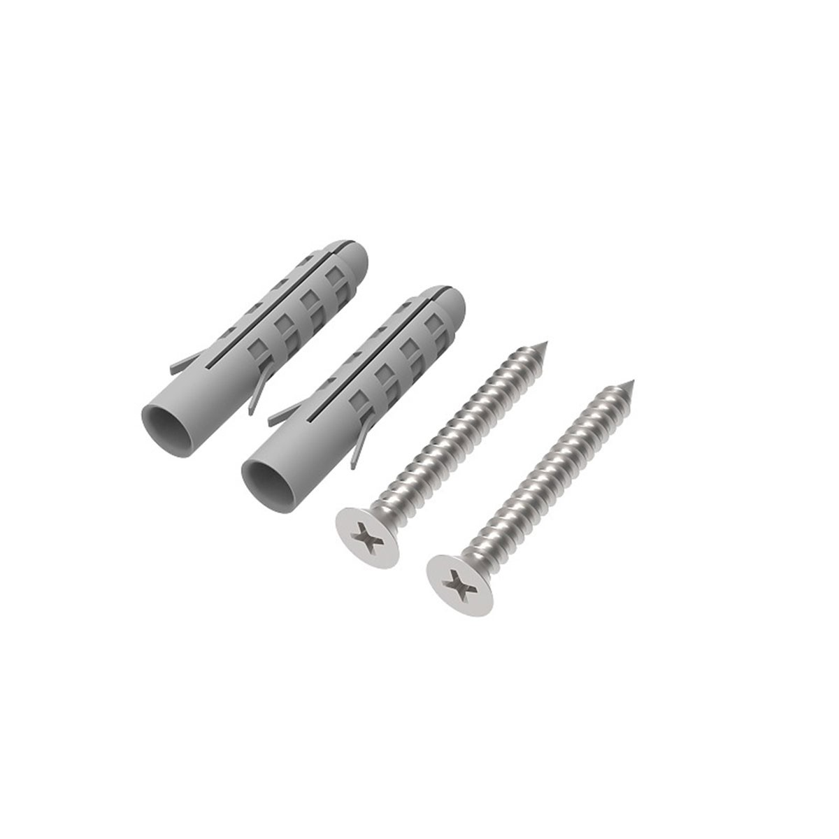 Trzy szare plastikowe kołki do ścian i dwie srebrne śruby na białym tle, odizolowane.